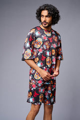 Colourful Skull Printed Red & Black Co-ord Set for Men - Go Devil