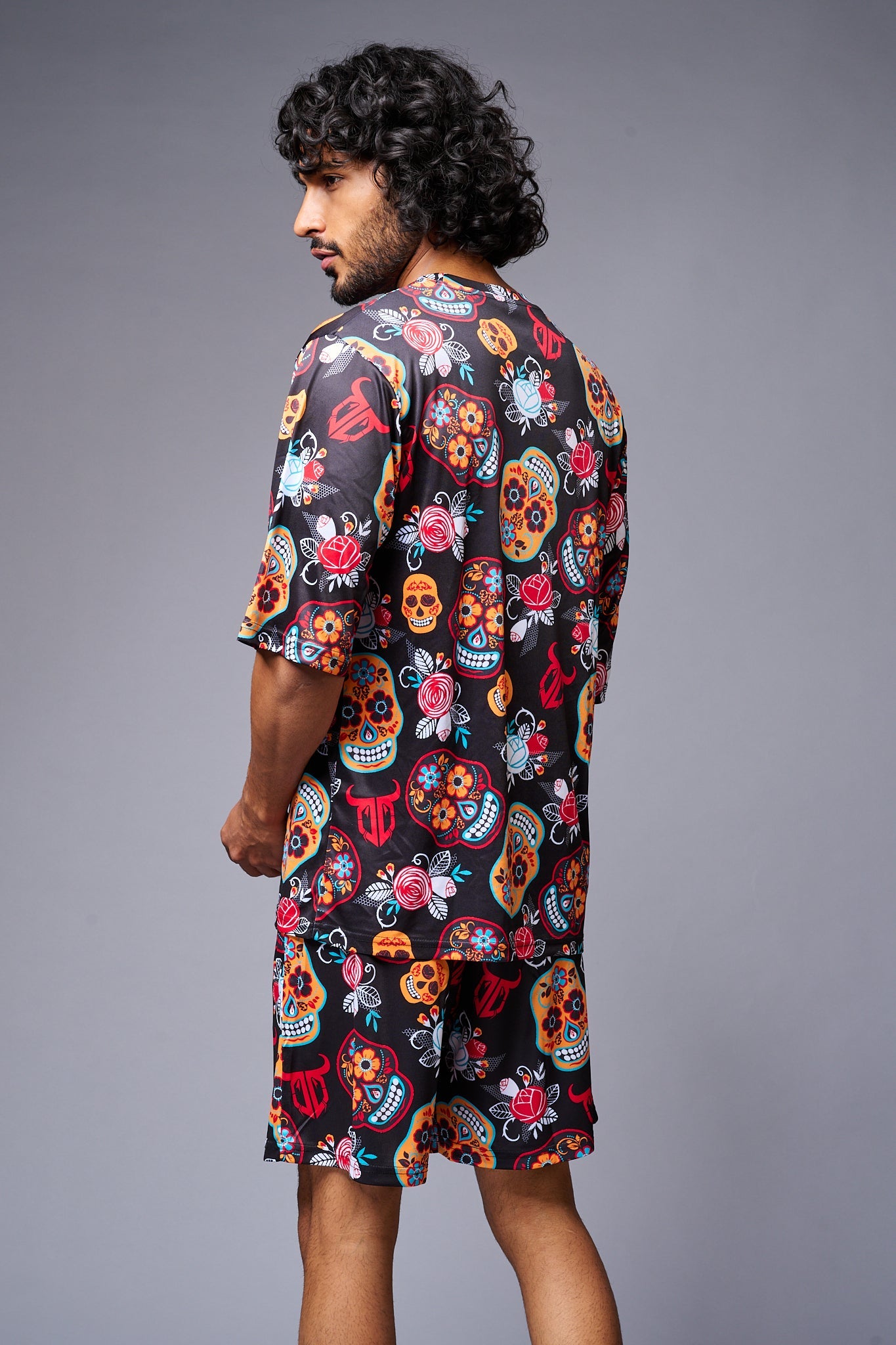 Colourful Skull Printed Red & Black Co-ord Set for Men - Go Devil