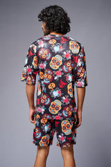 Colourful Skull Printed Red & Black Co-ord Set for Men - Go Devil