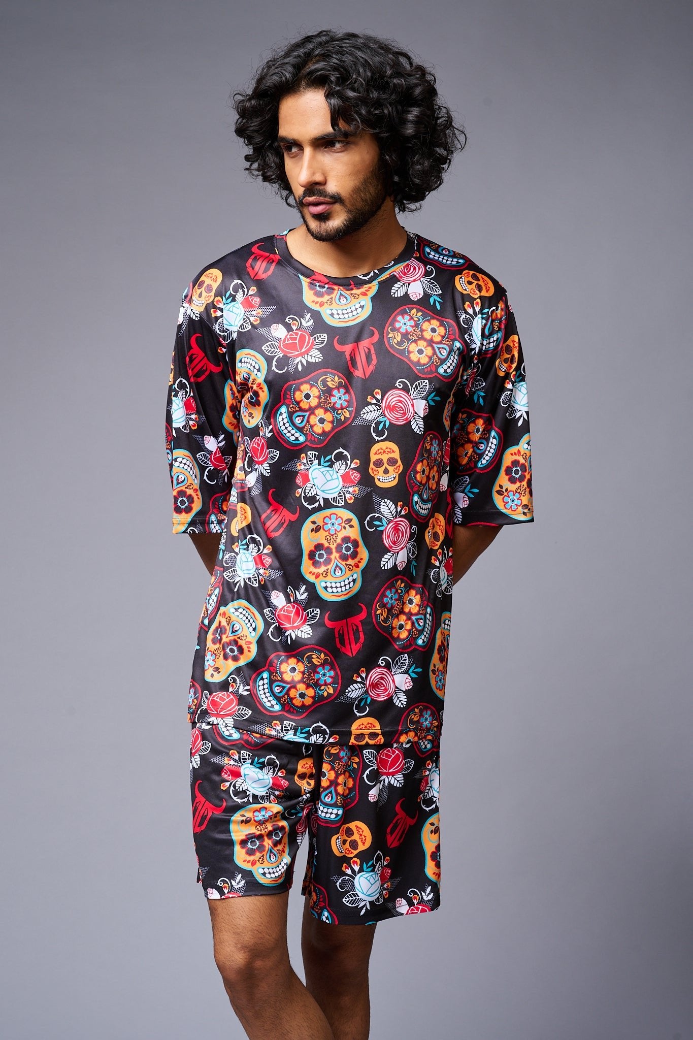 Colourful Skull Printed Red & Black Co-ord Set for Men - Go Devil