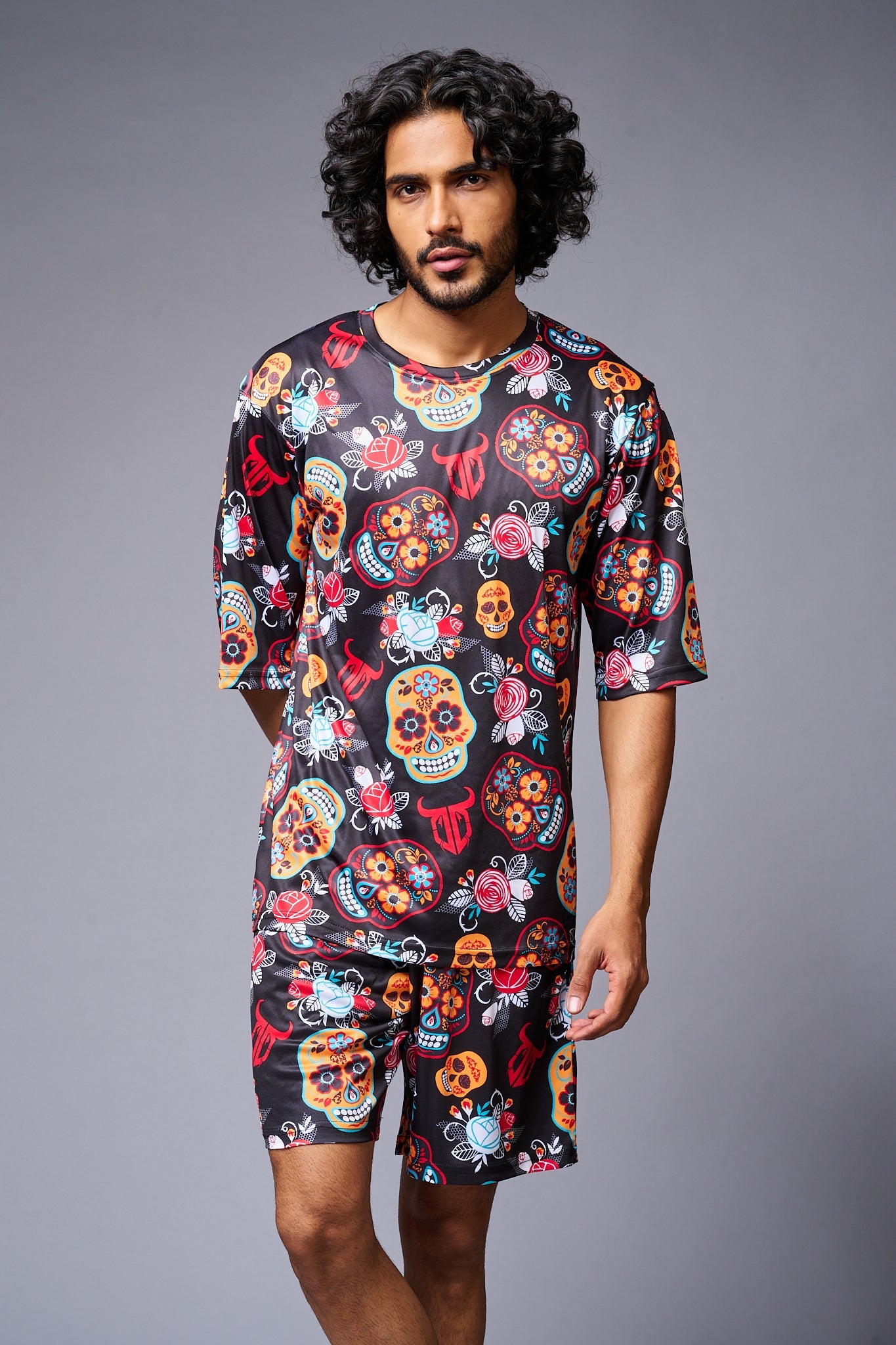 Colourful Skull Printed Red & Black Co-ord Set for Men - Go Devil