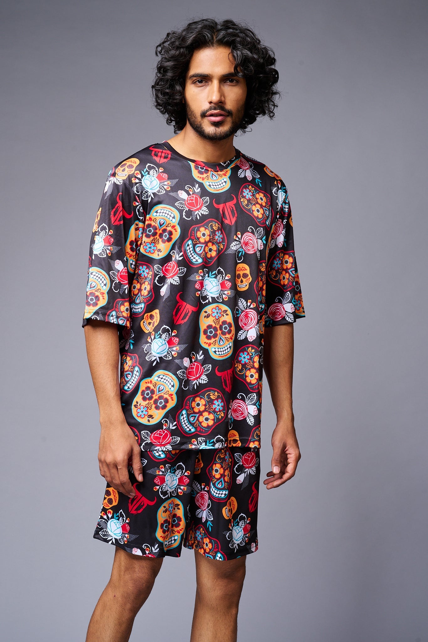 Colourful Skull Printed Red & Black Co-ord Set for Men - Go Devil