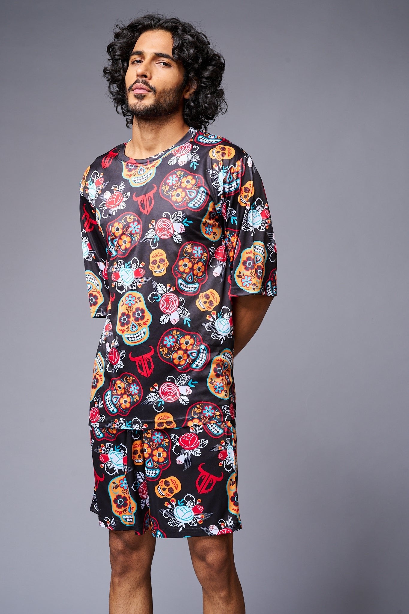 Colourful Skull Printed Red & Black Co-ord Set for Men - Go Devil