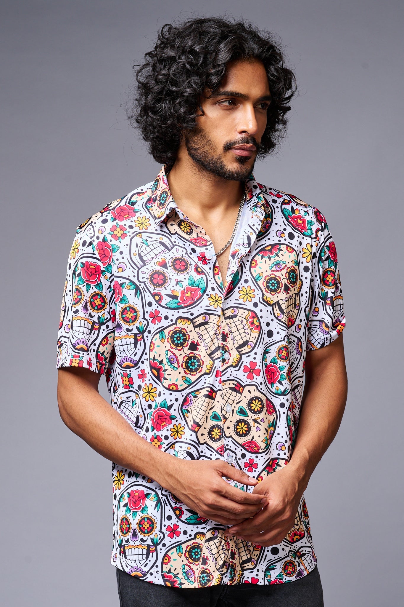 Colourful Skull Printed White Co-ord Set for Men - Go Devil