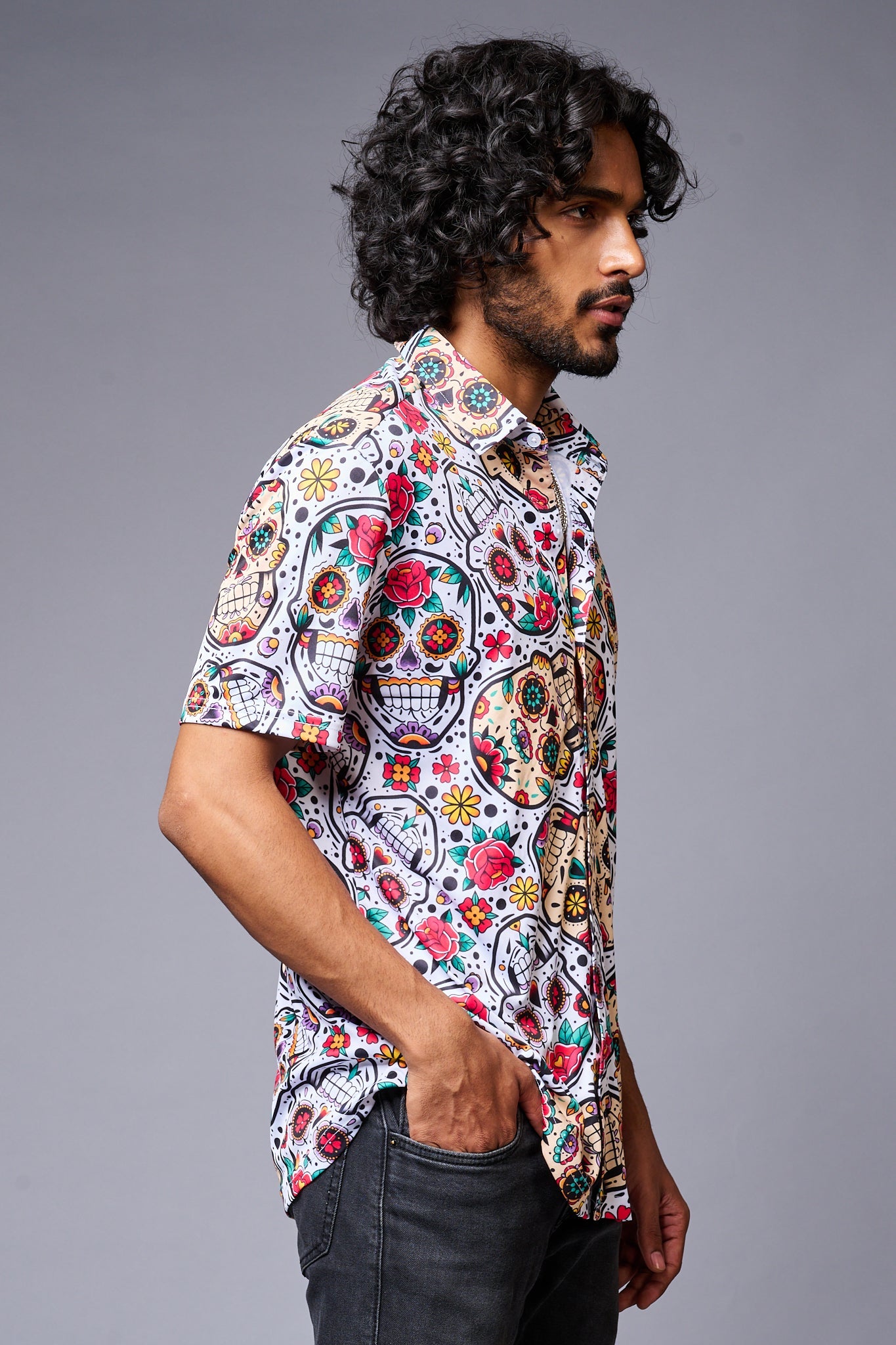 Colourful Skull Printed White Co-ord Set for Men - Go Devil