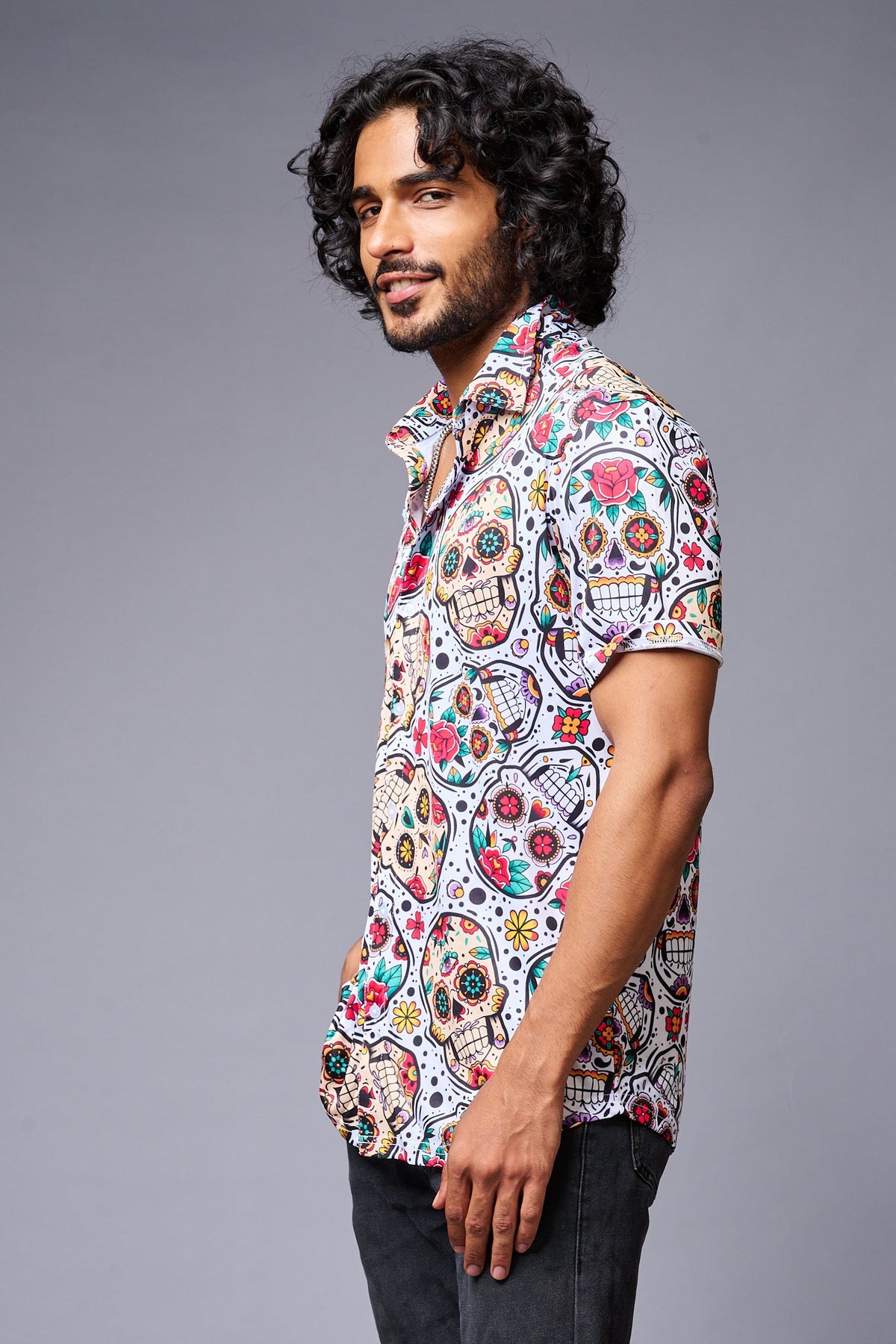 Colourful Skull Printed White Co-ord Set for Men - Go Devil