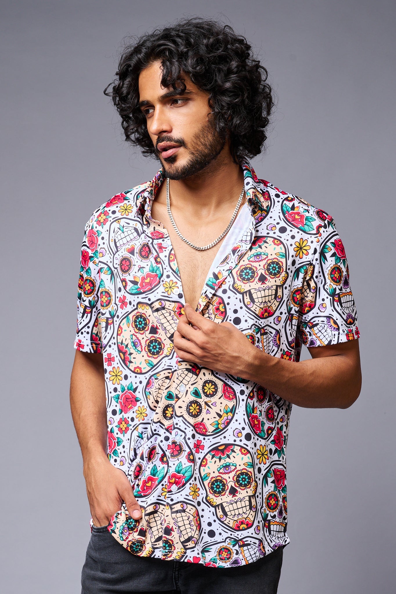 Colourful Skull Printed White Co-ord Set for Men - Go Devil