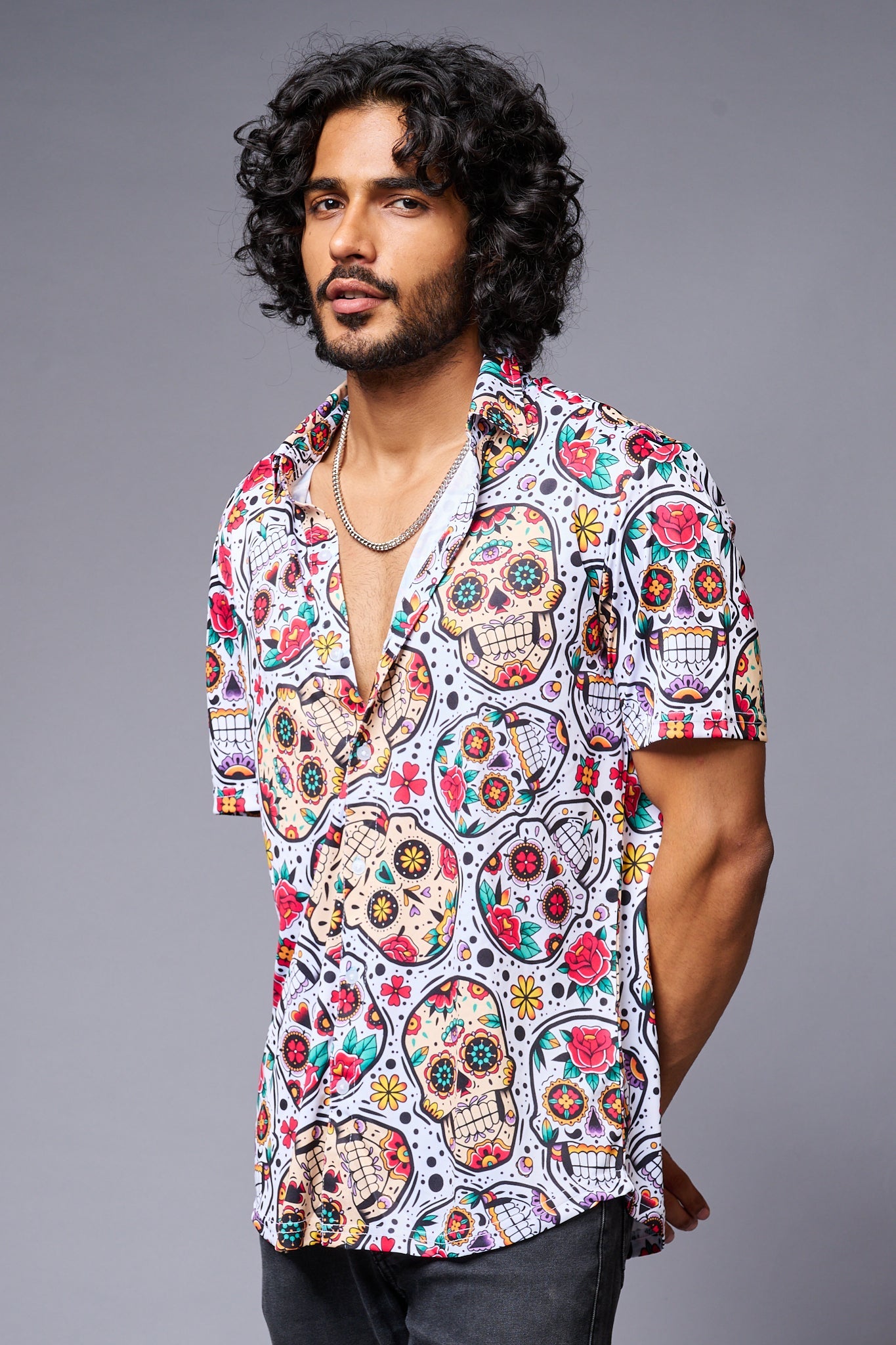 Colourful Skull Printed White Co-ord Set for Men - Go Devil