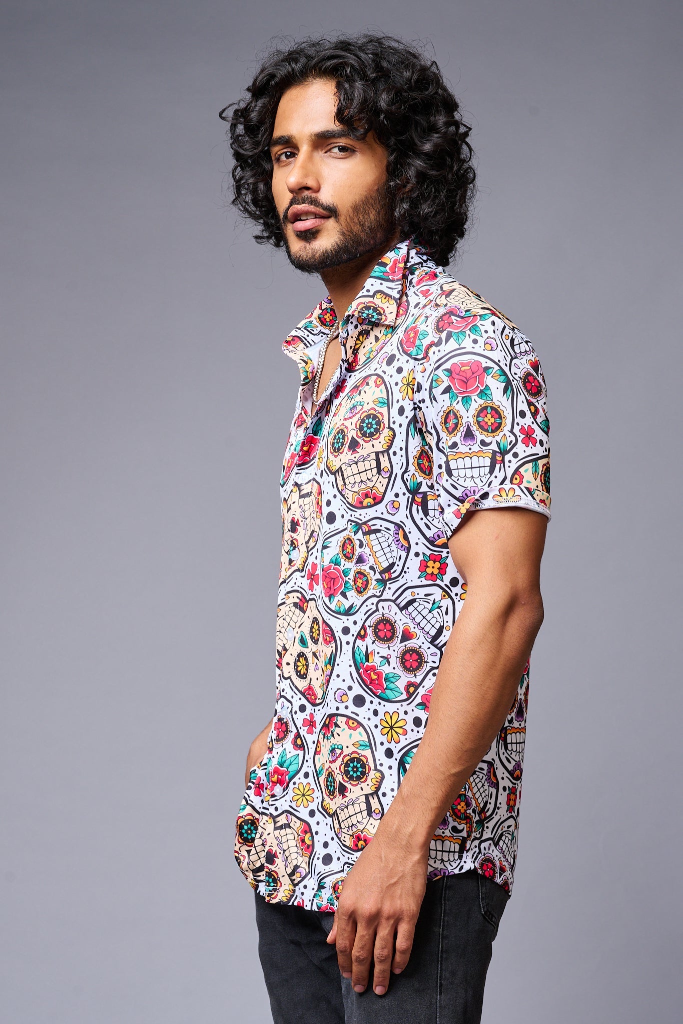 Colourful Skull Printed White Co-ord Set for Men - Go Devil