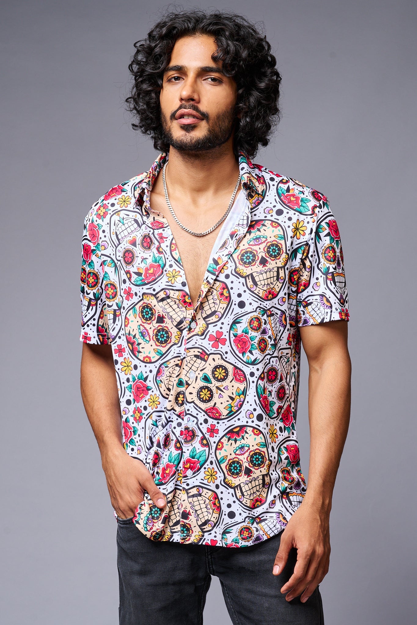 Colourful Skull Printed White Co-ord Set for Men - Go Devil