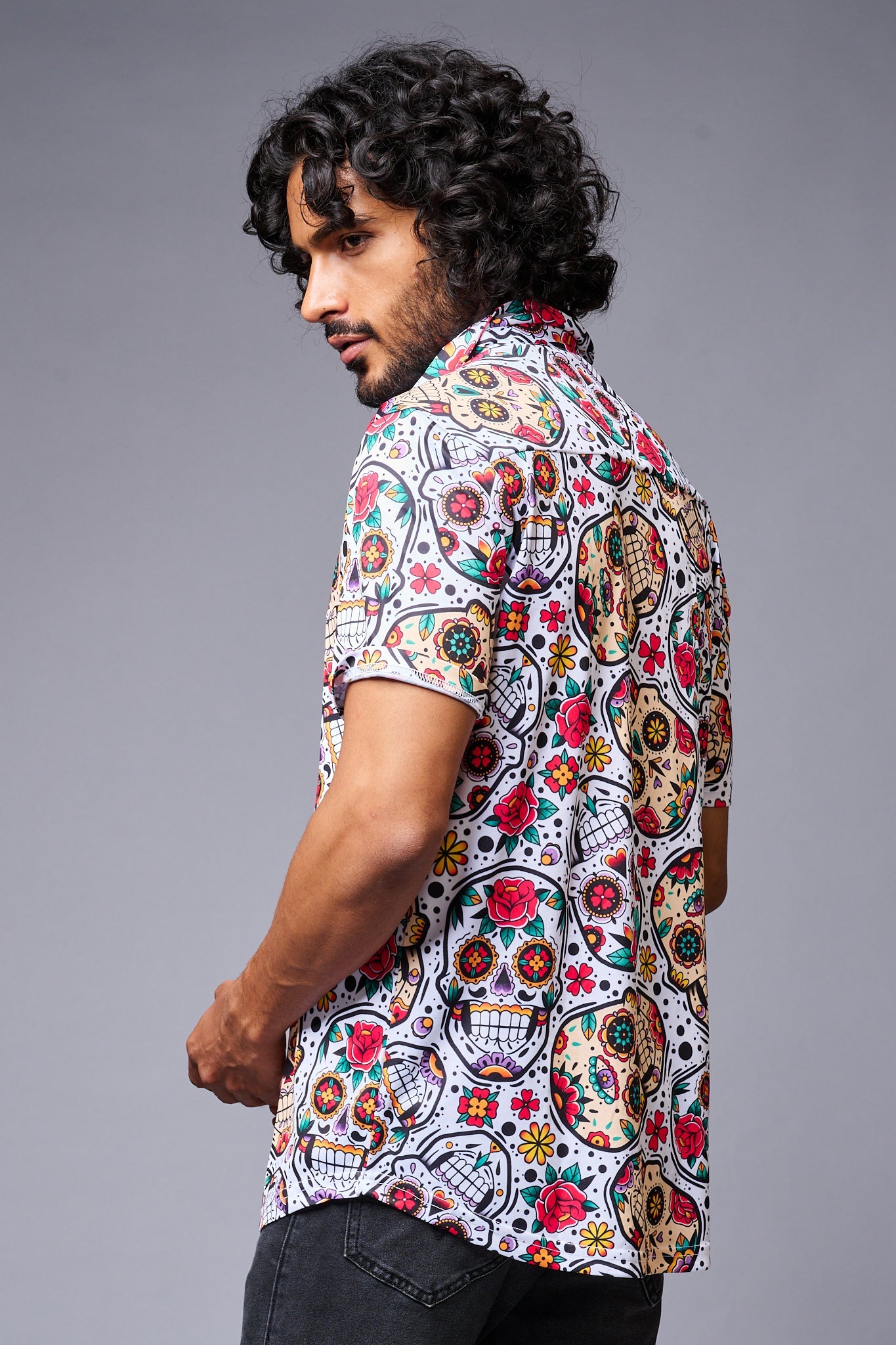 Colourful Skull Printed White Co-ord Set for Men - Go Devil