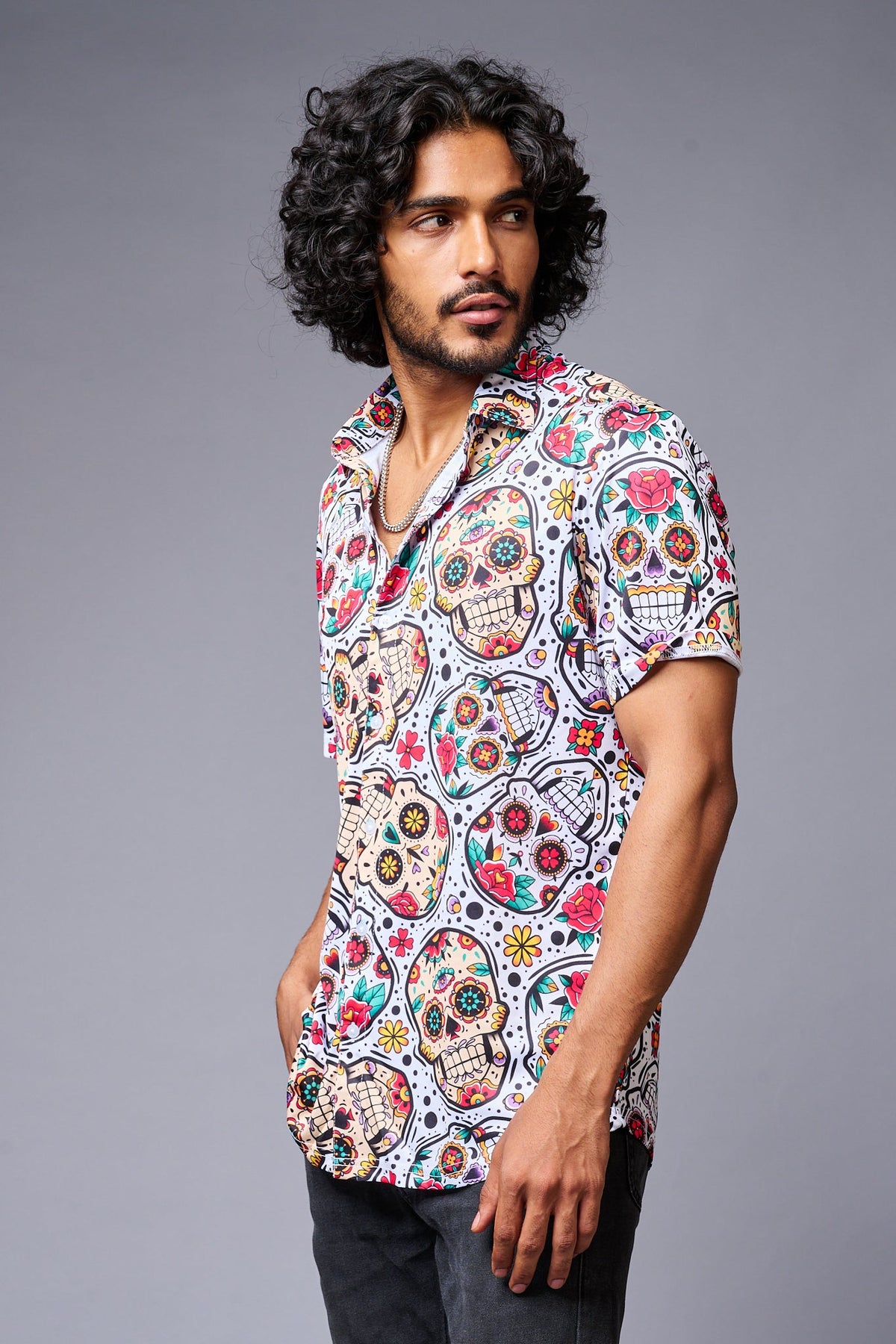 Colourful Skull Printed White Co-ord Set for Men - Go Devil