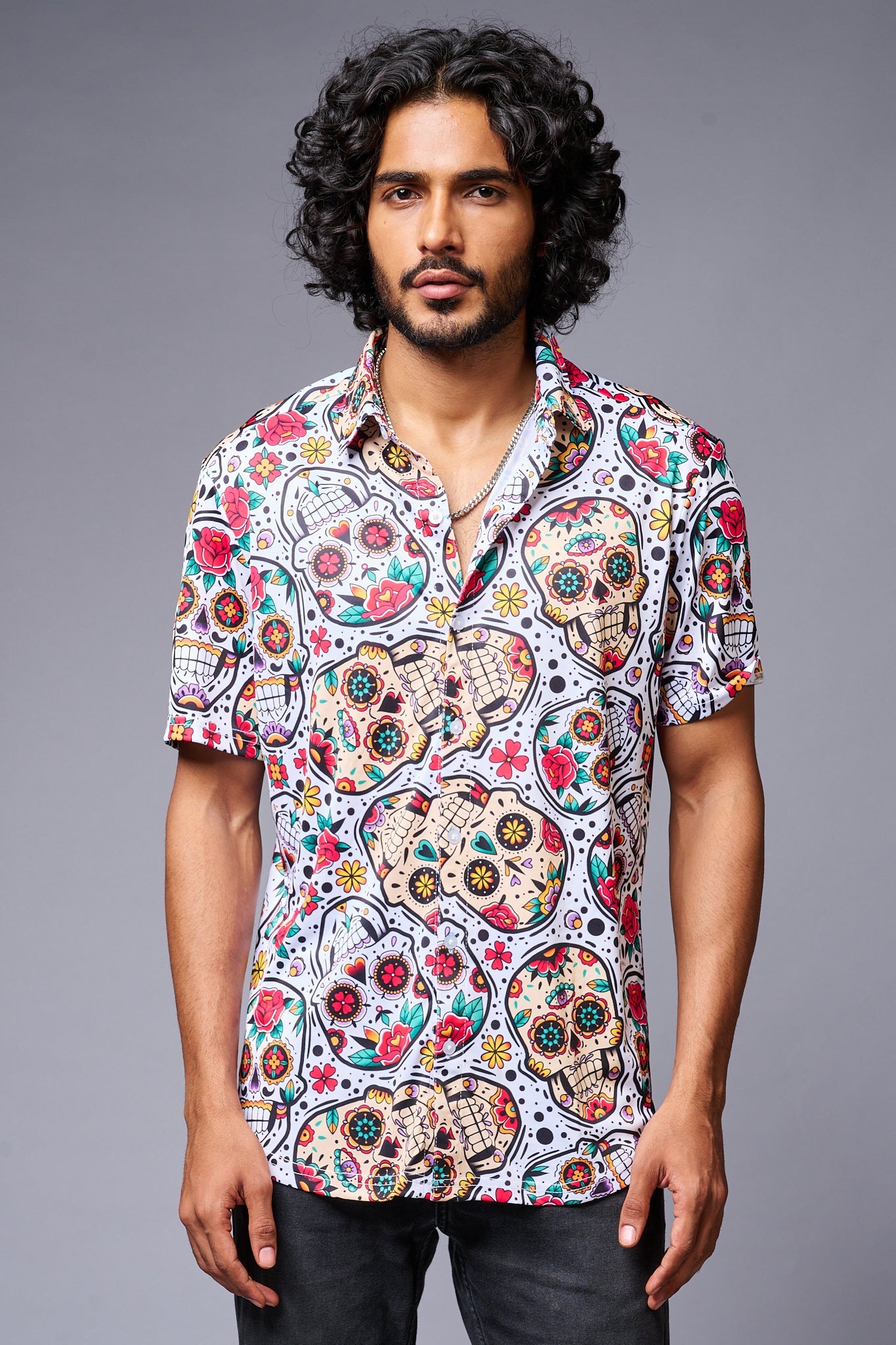 Colourful Skull Printed White Co-ord Set for Men - Go Devil