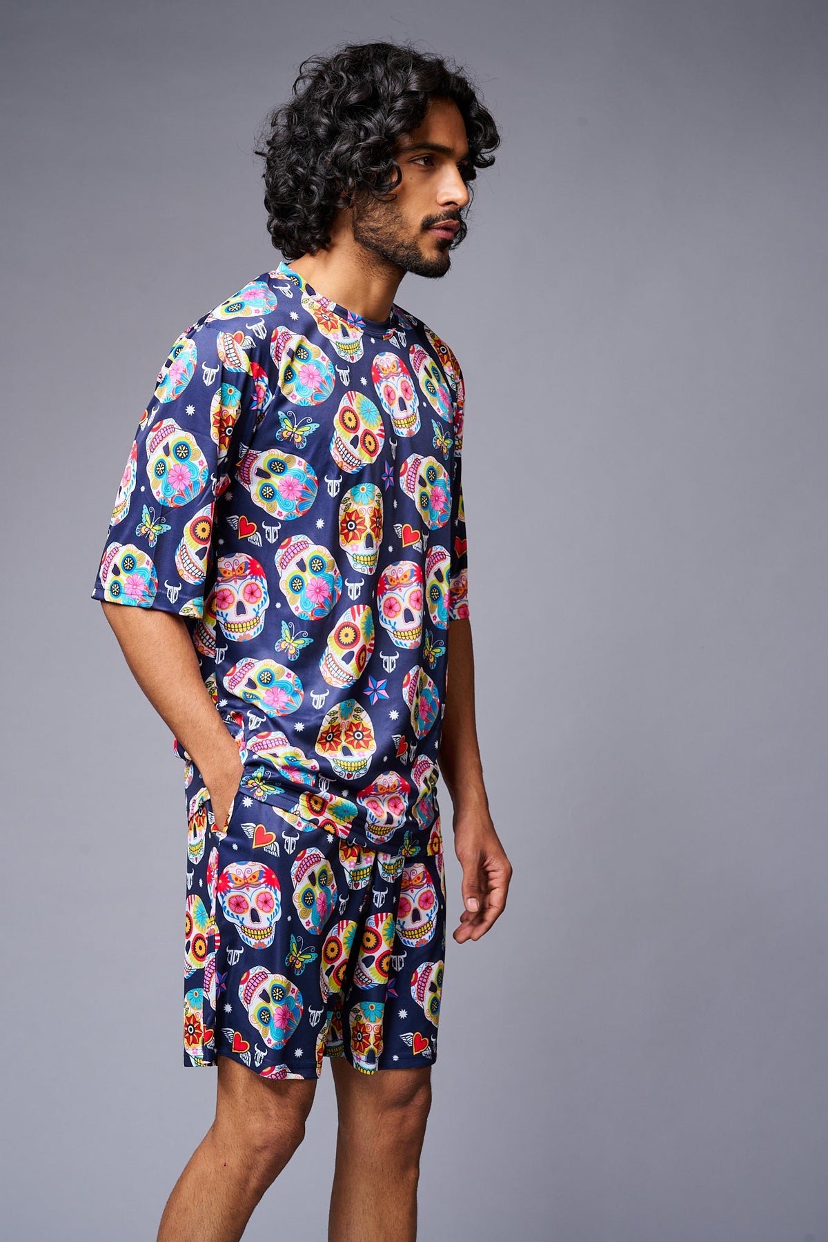 Colourfull Skull Printed Blue Co-ord Set for Men - Go Devil