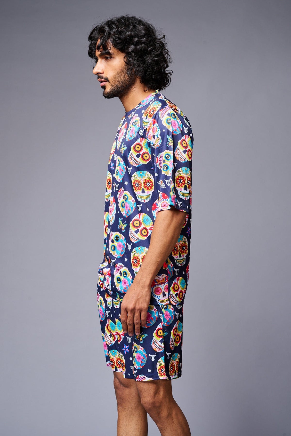 Colourfull Skull Printed Blue Co-ord Set for Men - Go Devil