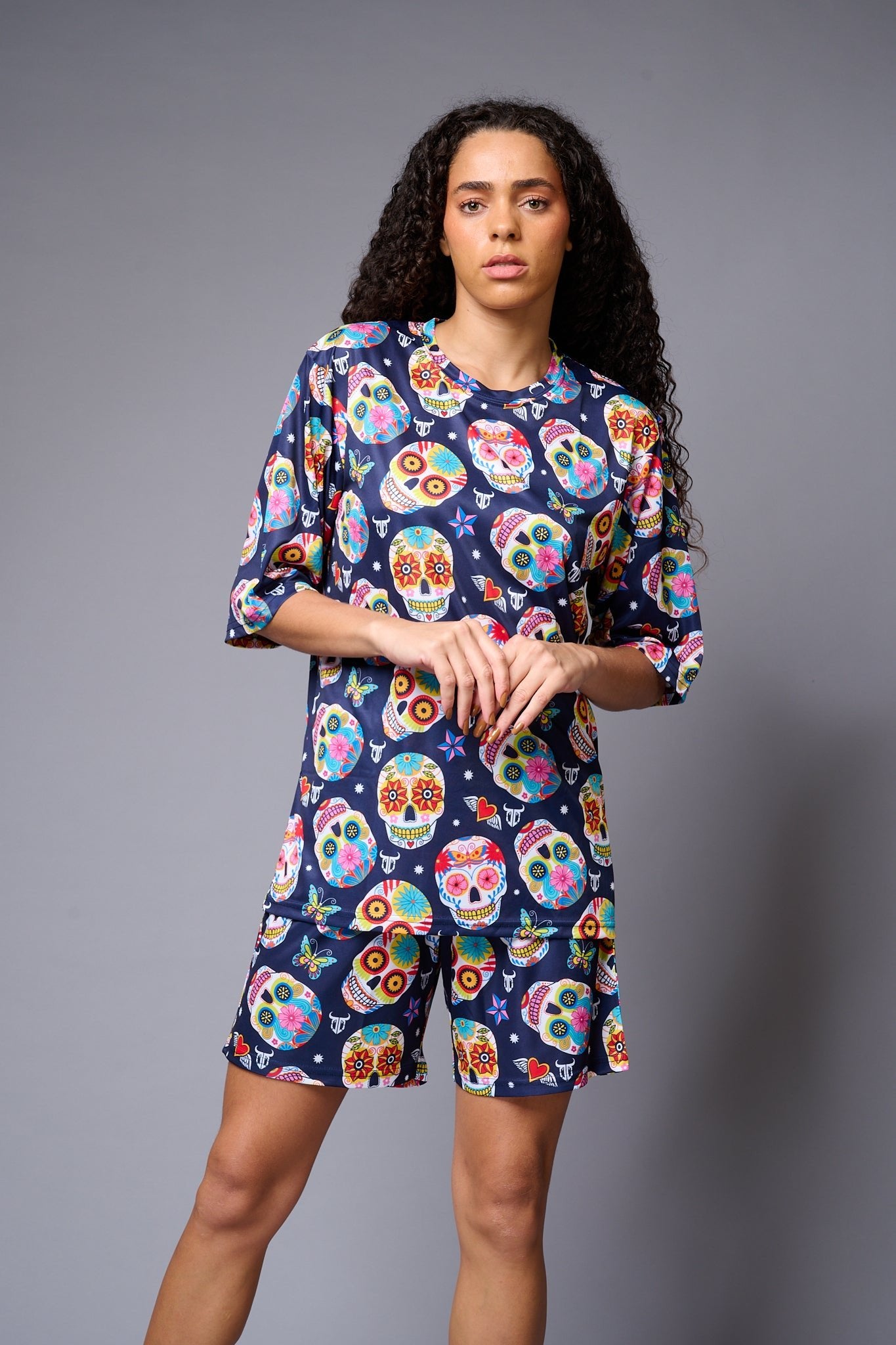 Colourfull Skull Printed Premium Co-ord Set for Women - Go Devil