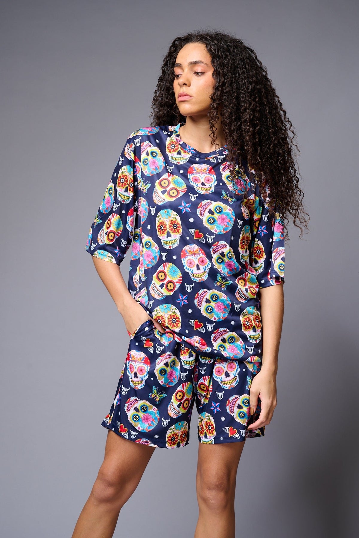 Colourfull Skull Printed Premium Co-ord Set for Women - Go Devil