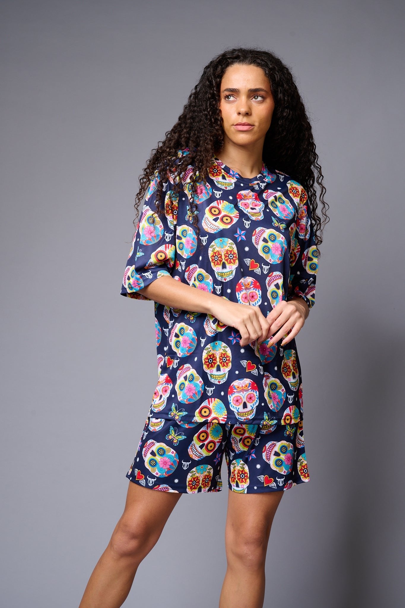 Colourfull Skull Printed Premium Co-ord Set for Women - Go Devil