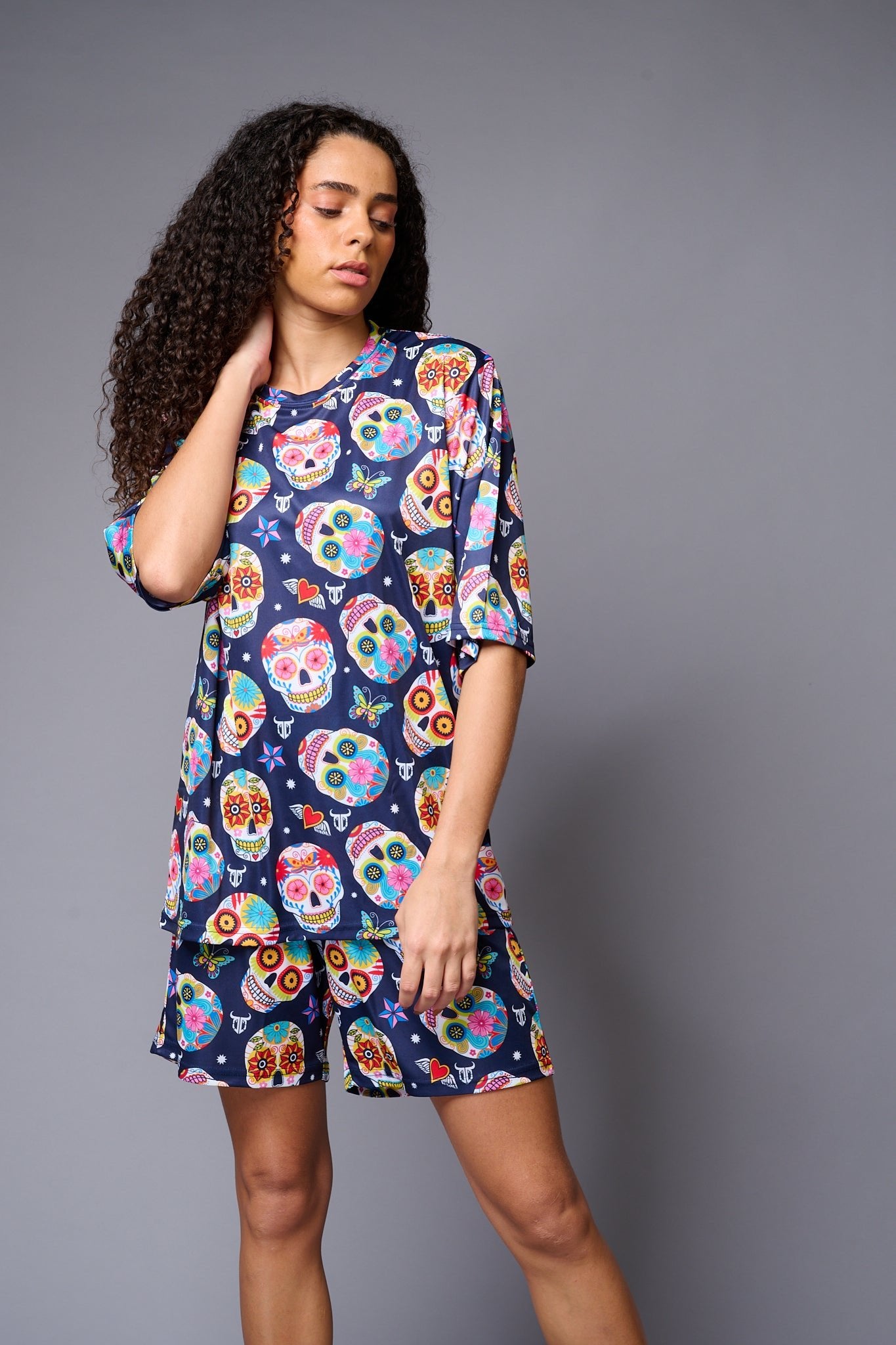 Colourfull Skull Printed Premium Co-ord Set for Women - Go Devil