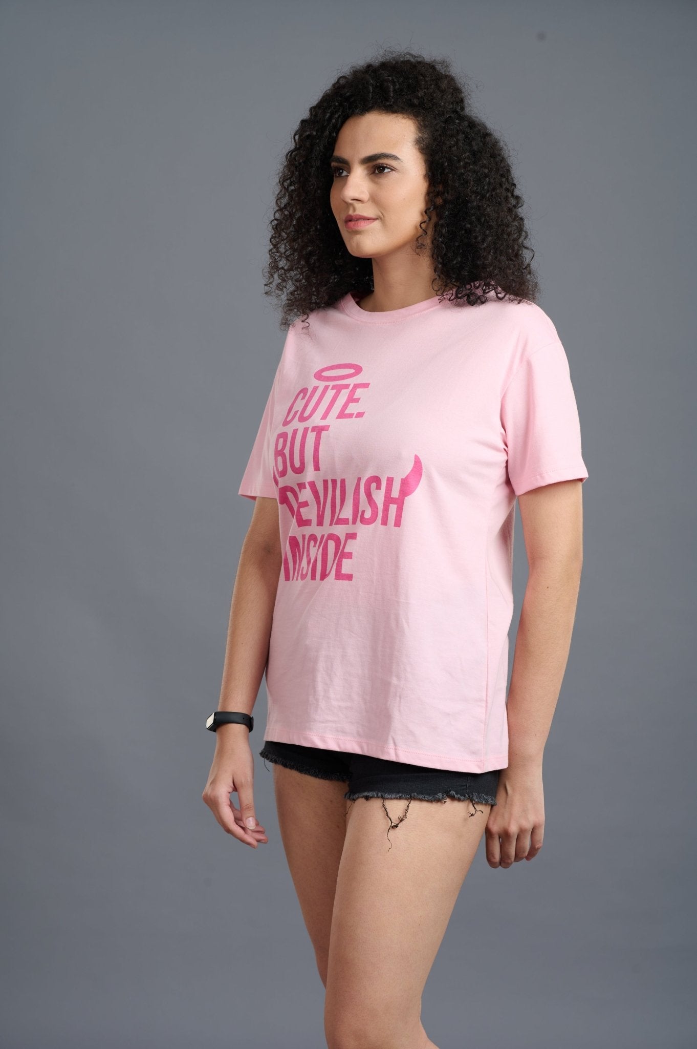 Cute But Devilish Inside Printed Pink Oversized T-Shirt for Women - Go Devil