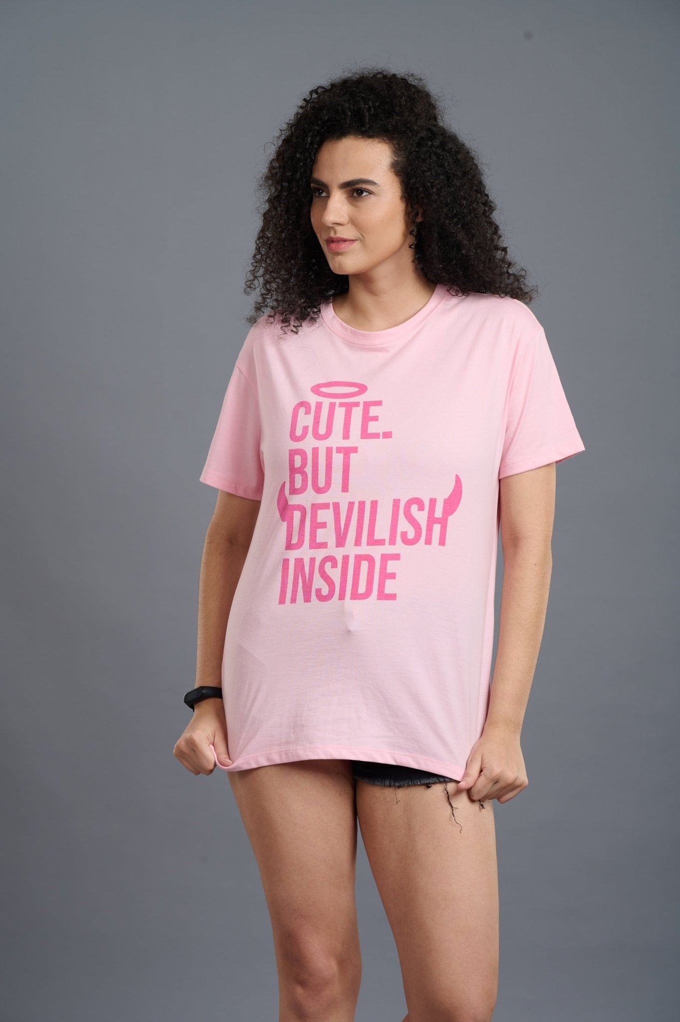 Cute But Devilish Inside Printed Pink Oversized T-Shirt for Women - Go Devil