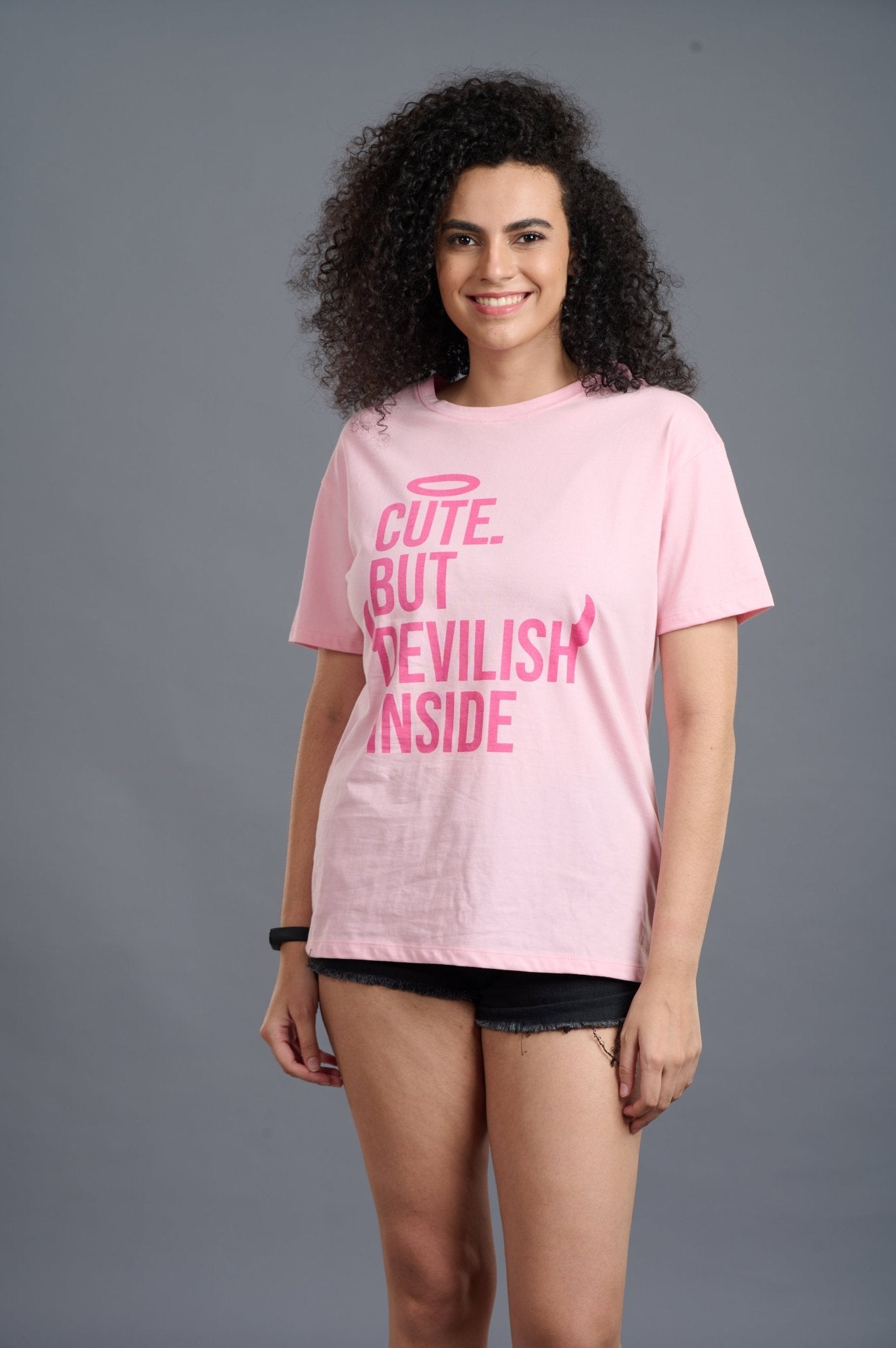 Cute But Devilish Inside Printed Pink Oversized T-Shirt for Women - Go Devil