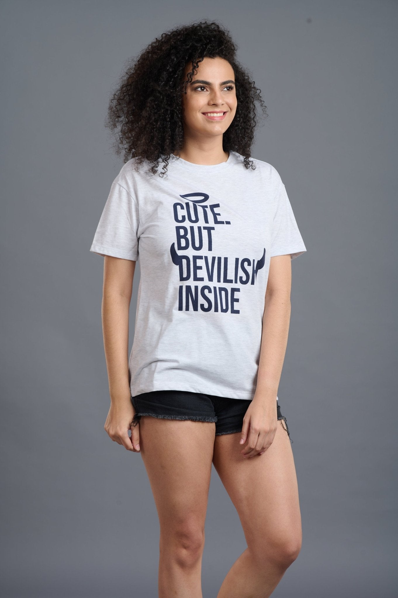 Cute But Devilish Inside Printed White Oversized T-Shirt for Women - Go Devil