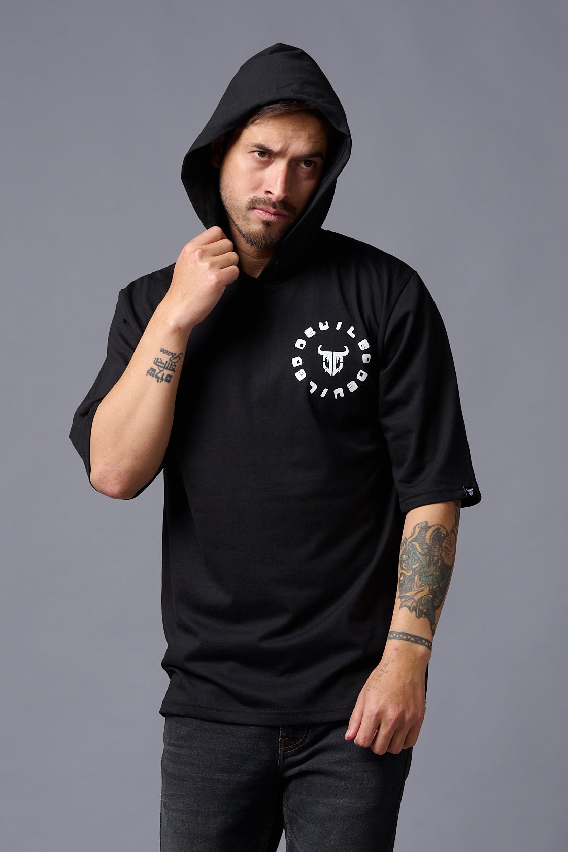 Mens black cheap hooded t shirt