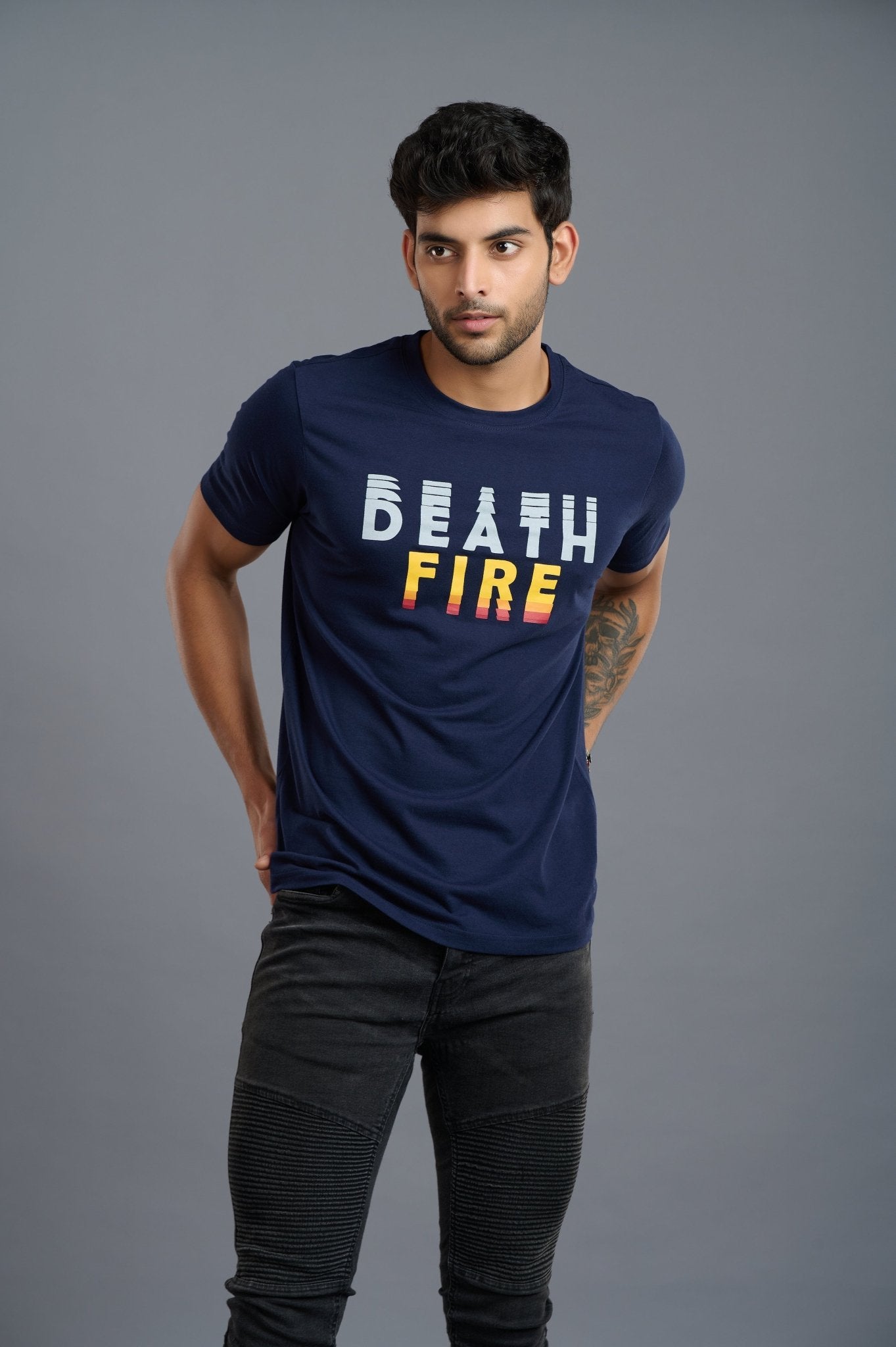 Death Fire Printed Blue T-Shirt for Men - Go Devil
