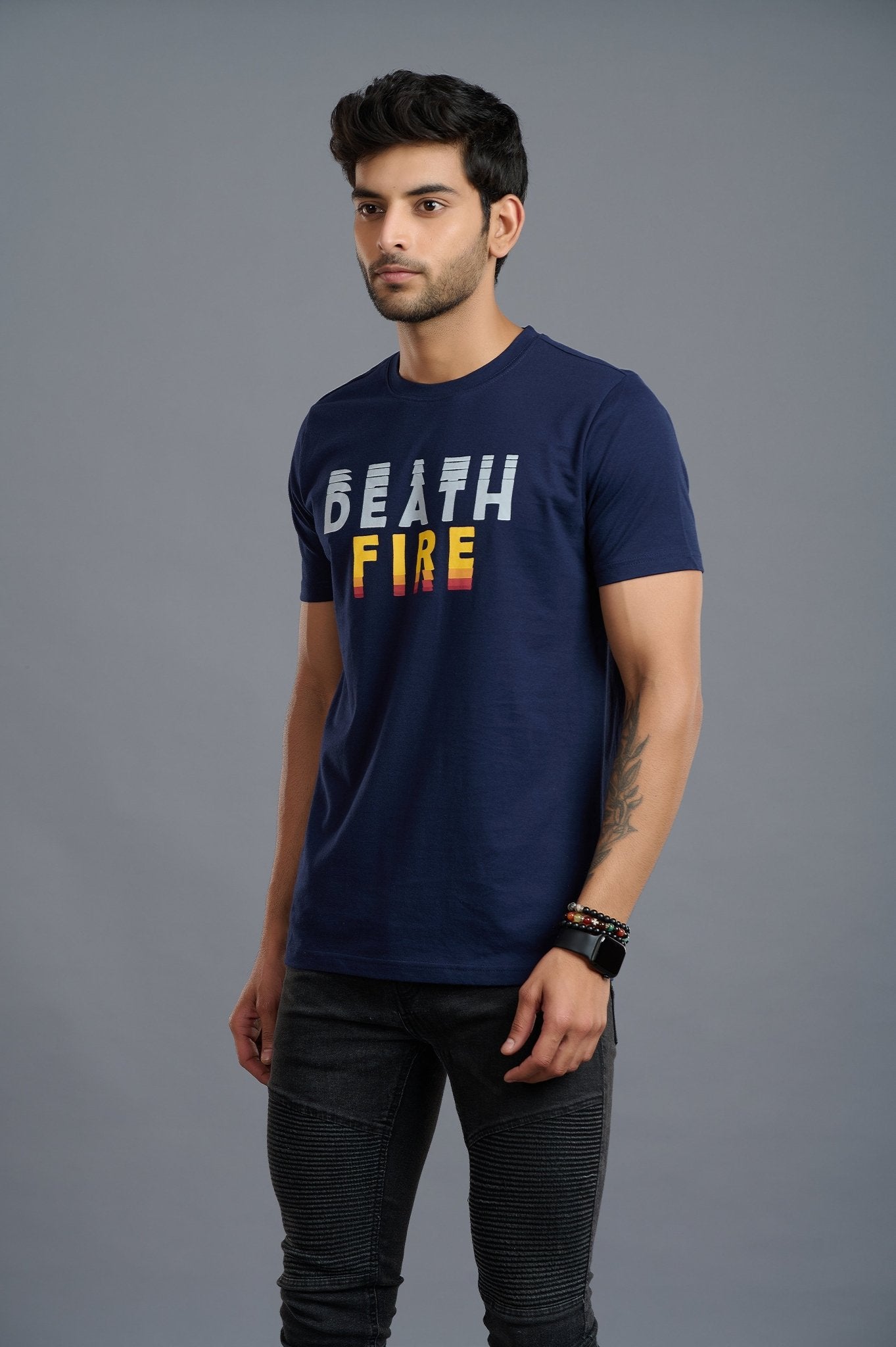 Death Fire Printed Blue T-Shirt for Men - Go Devil