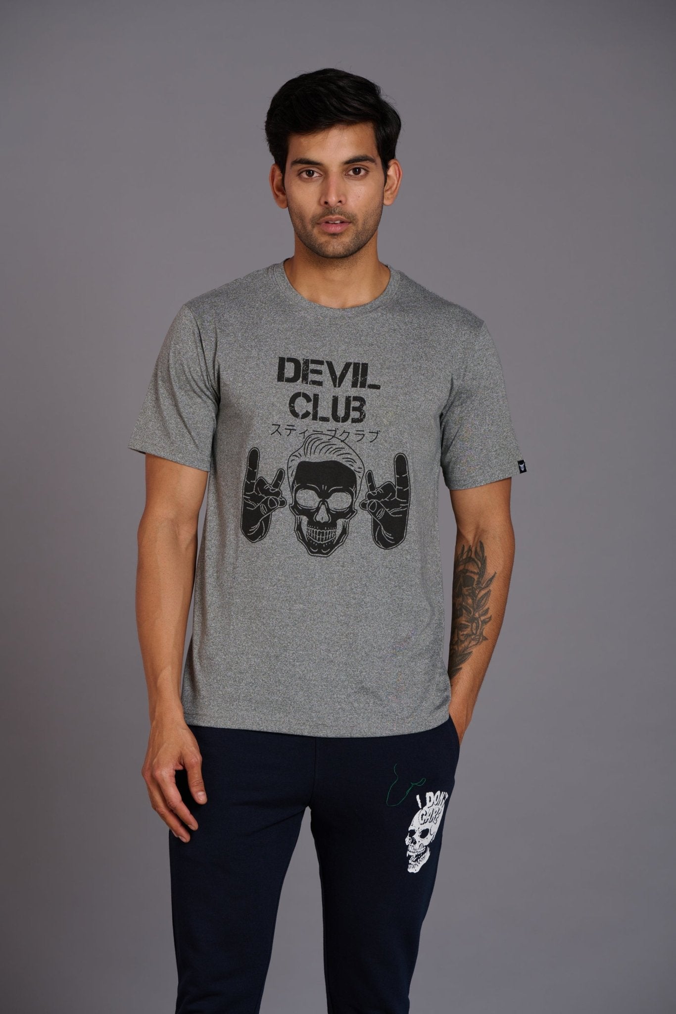 Devil Club & Skull Printed Grey Oversized T-Shirt for Men - Go Devil