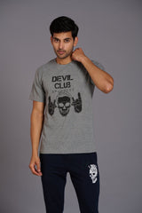 Devil Club & Skull Printed Grey Oversized T-Shirt for Men - Go Devil