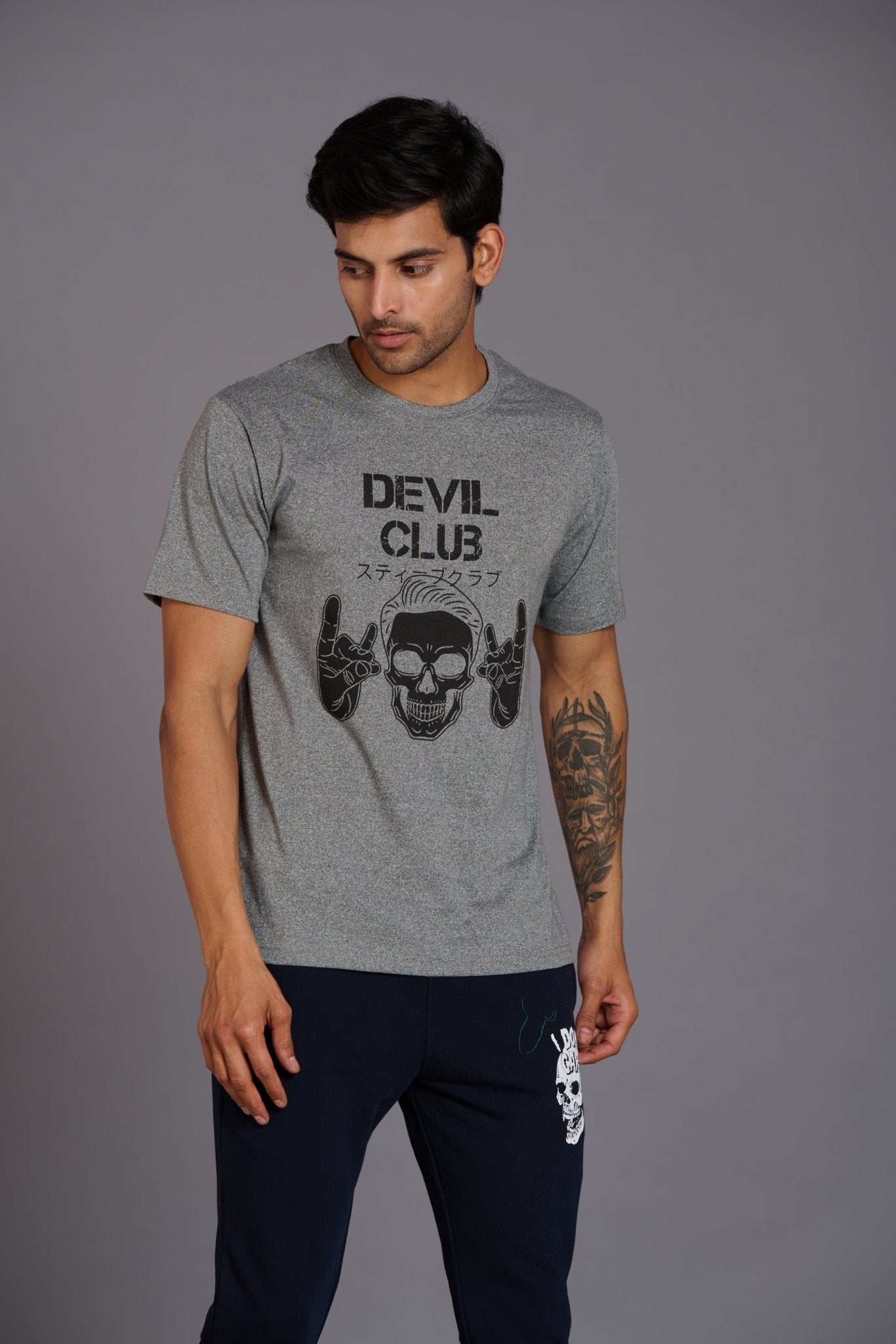 Devil Club & Skull Printed Grey Oversized T-Shirt for Men - Go Devil