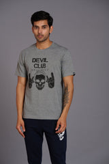 Devil Club & Skull Printed Grey Oversized T-Shirt for Men - Go Devil