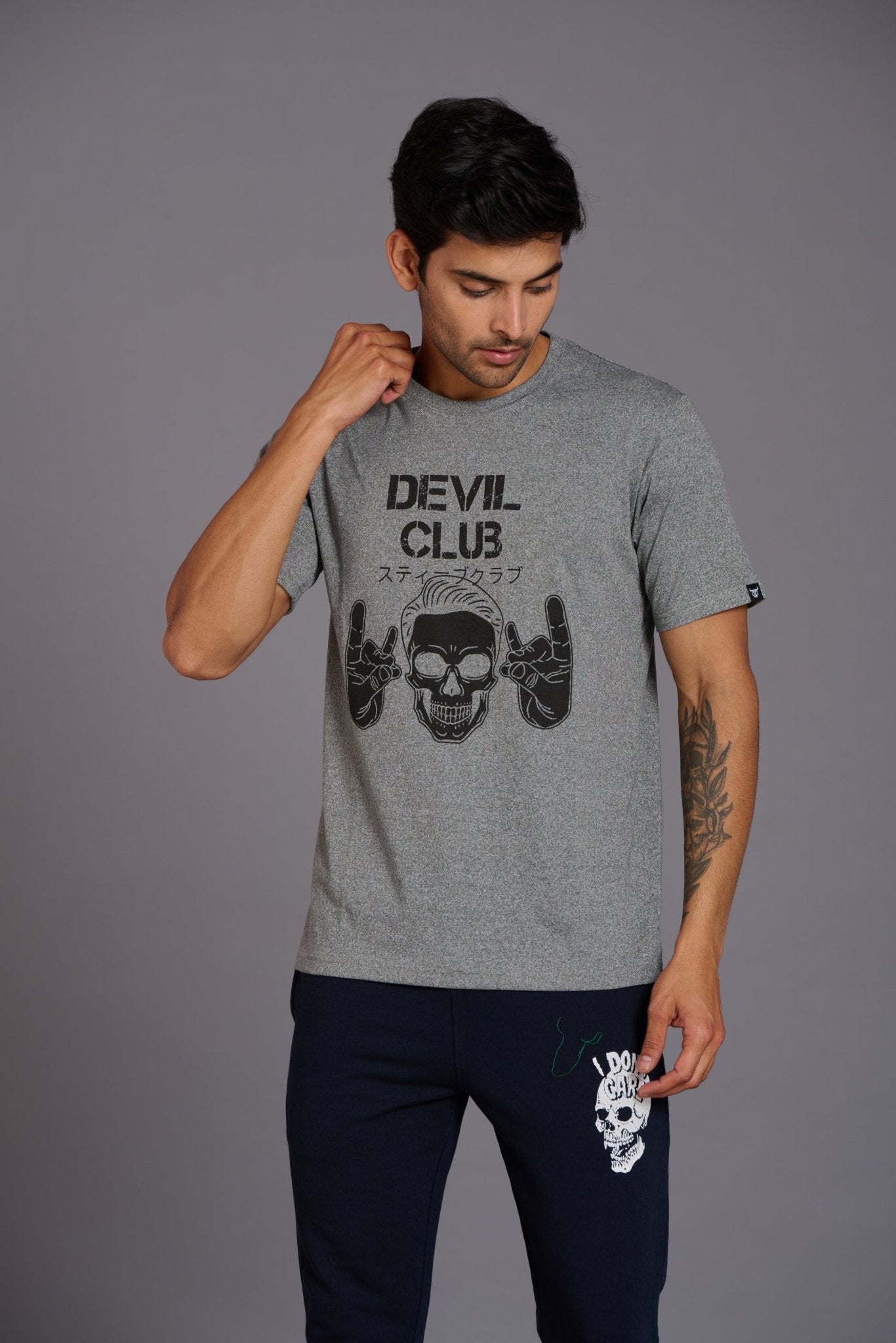 Devil Club & Skull Printed Grey Oversized T-Shirt for Men - Go Devil