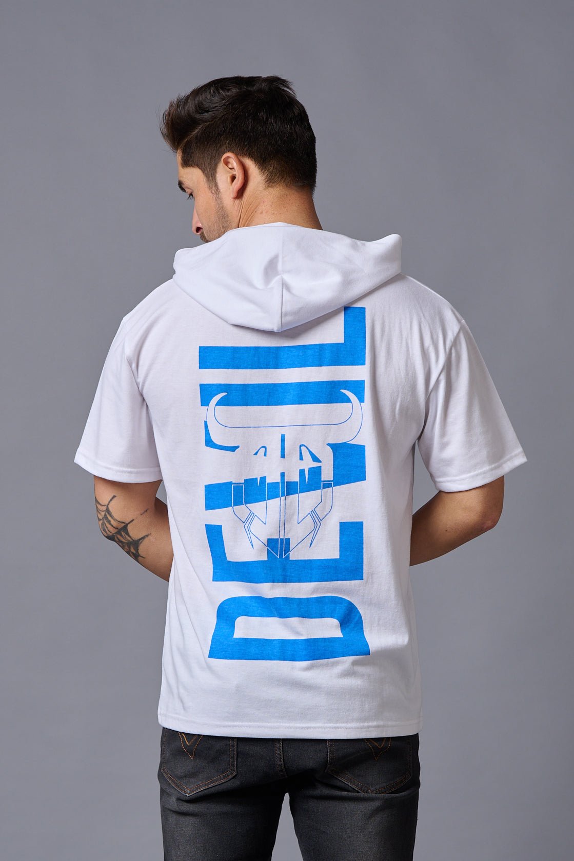 Devil (in Blue) Printed White Hooded Oversized T-Shirt for Men - Go Devil
