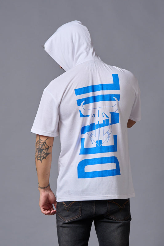 Devil (in Blue) Printed White Hooded Oversized T-Shirt for Men - Go Devil