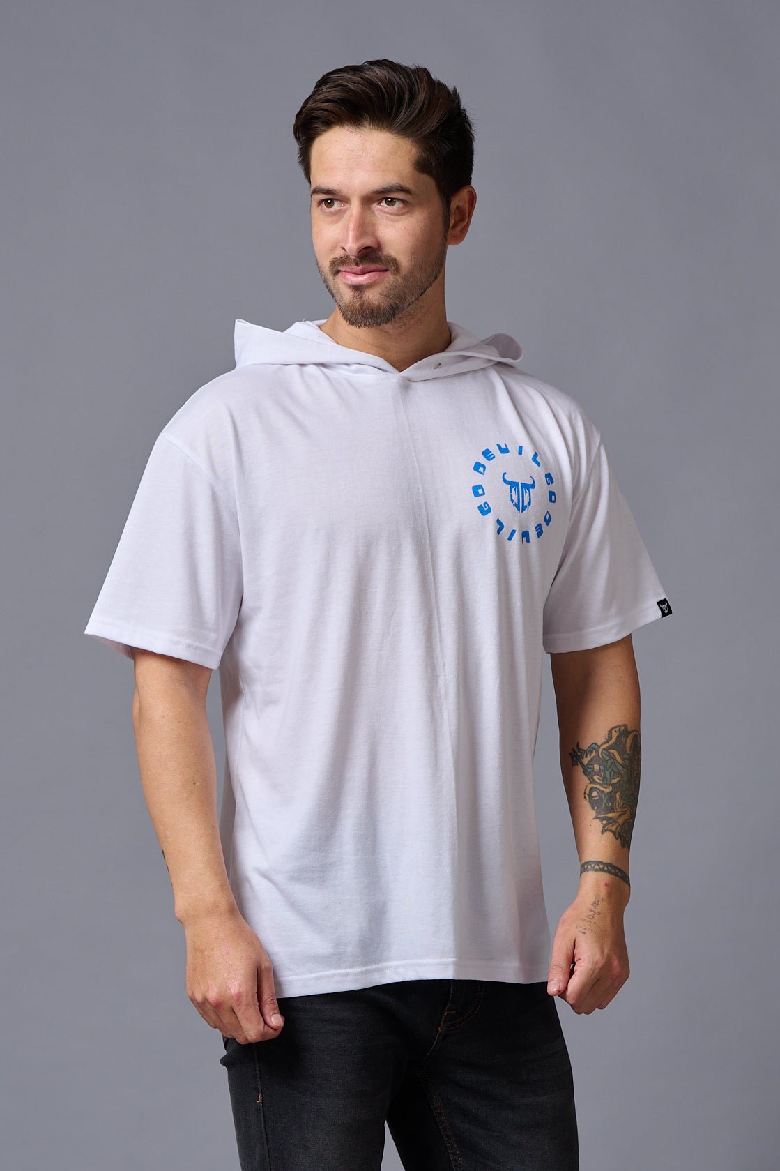 Devil (in Blue) Printed White Hooded Oversized T-Shirt for Men - Go Devil