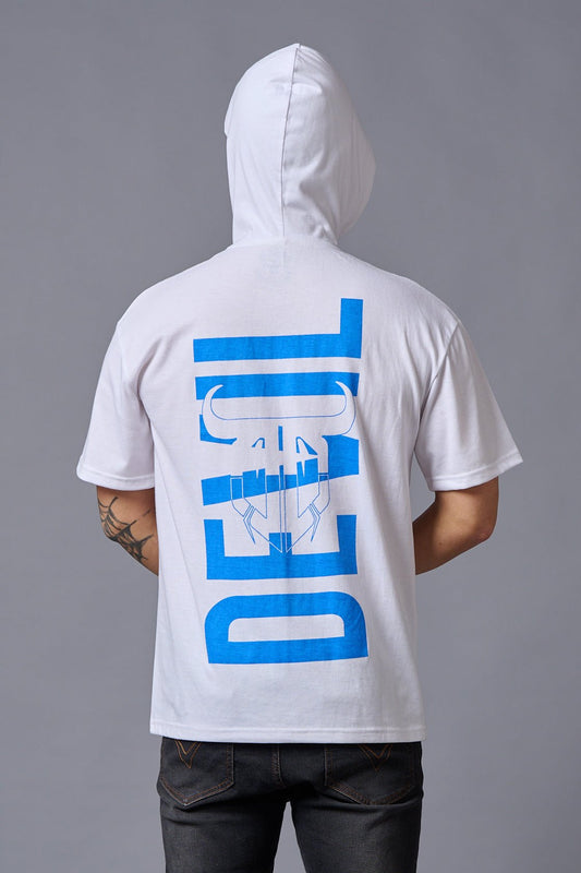 Devil (in Blue) Printed White Hooded Oversized T-Shirt for Men - Go Devil