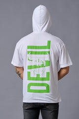 Devil (in Green) Printed White Hooded Oversized T-Shirt for Men - Go Devil