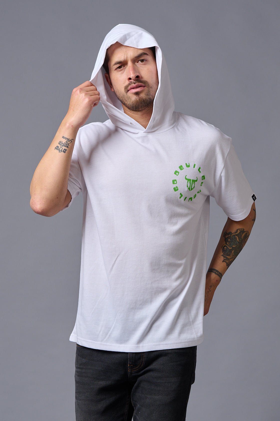 Devil (in Green) Printed White Hooded Oversized T-Shirt for Men - Go Devil