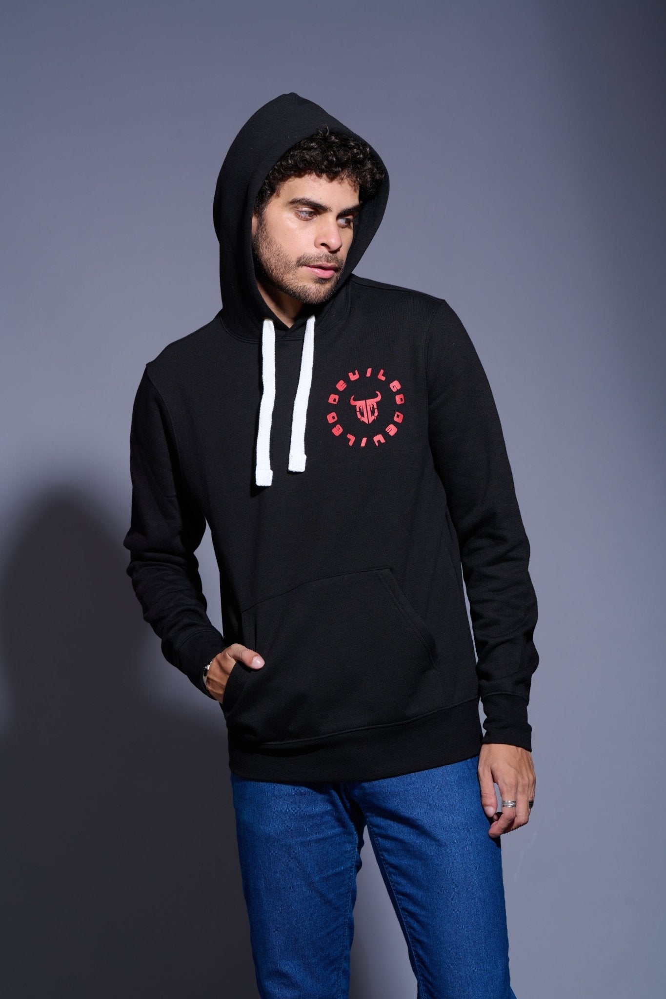 Devil in Red Printed Black Hoodie for Men - Go Devil