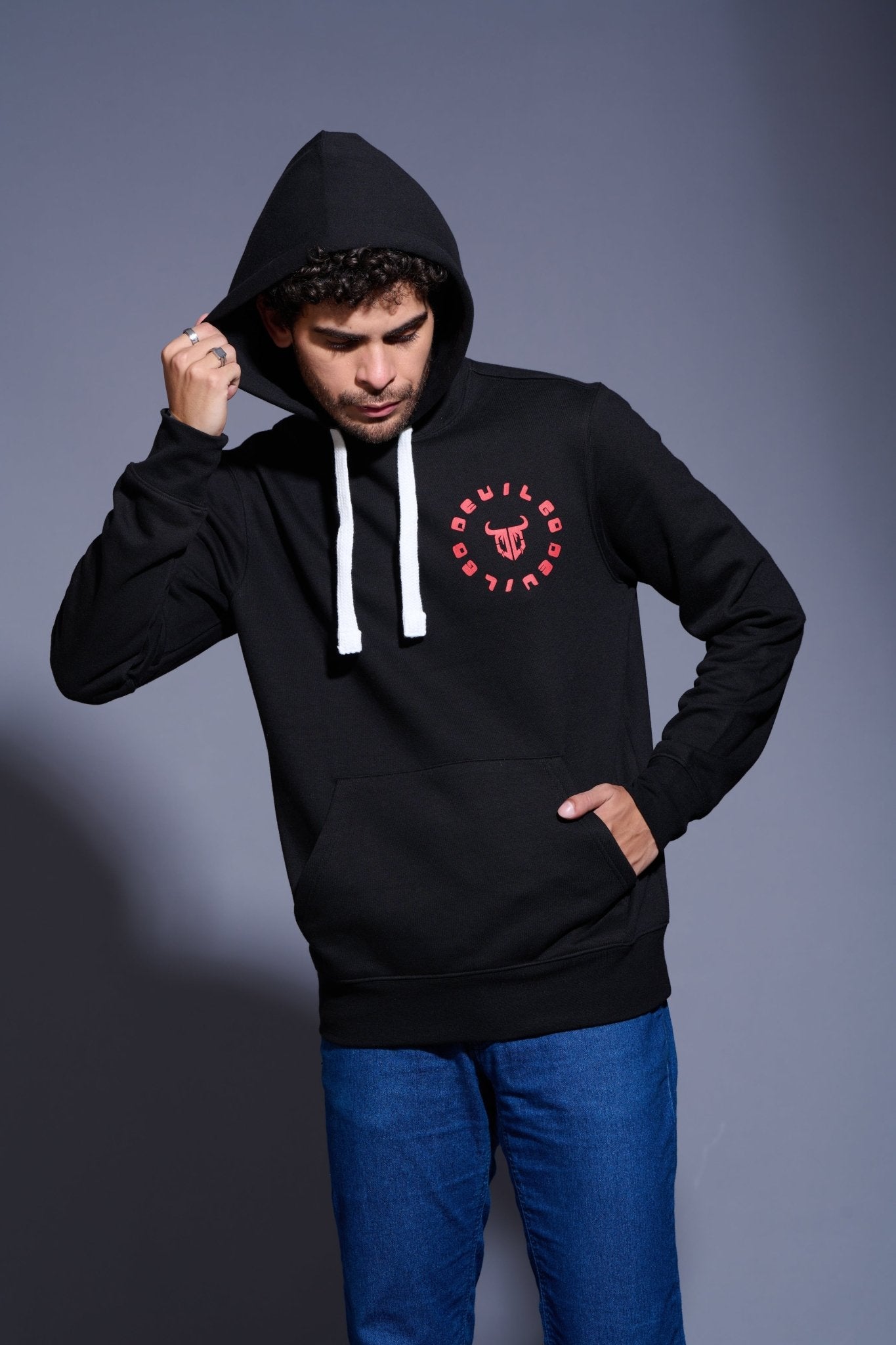 Devil in Red Printed Black Hoodie for Men - Go Devil