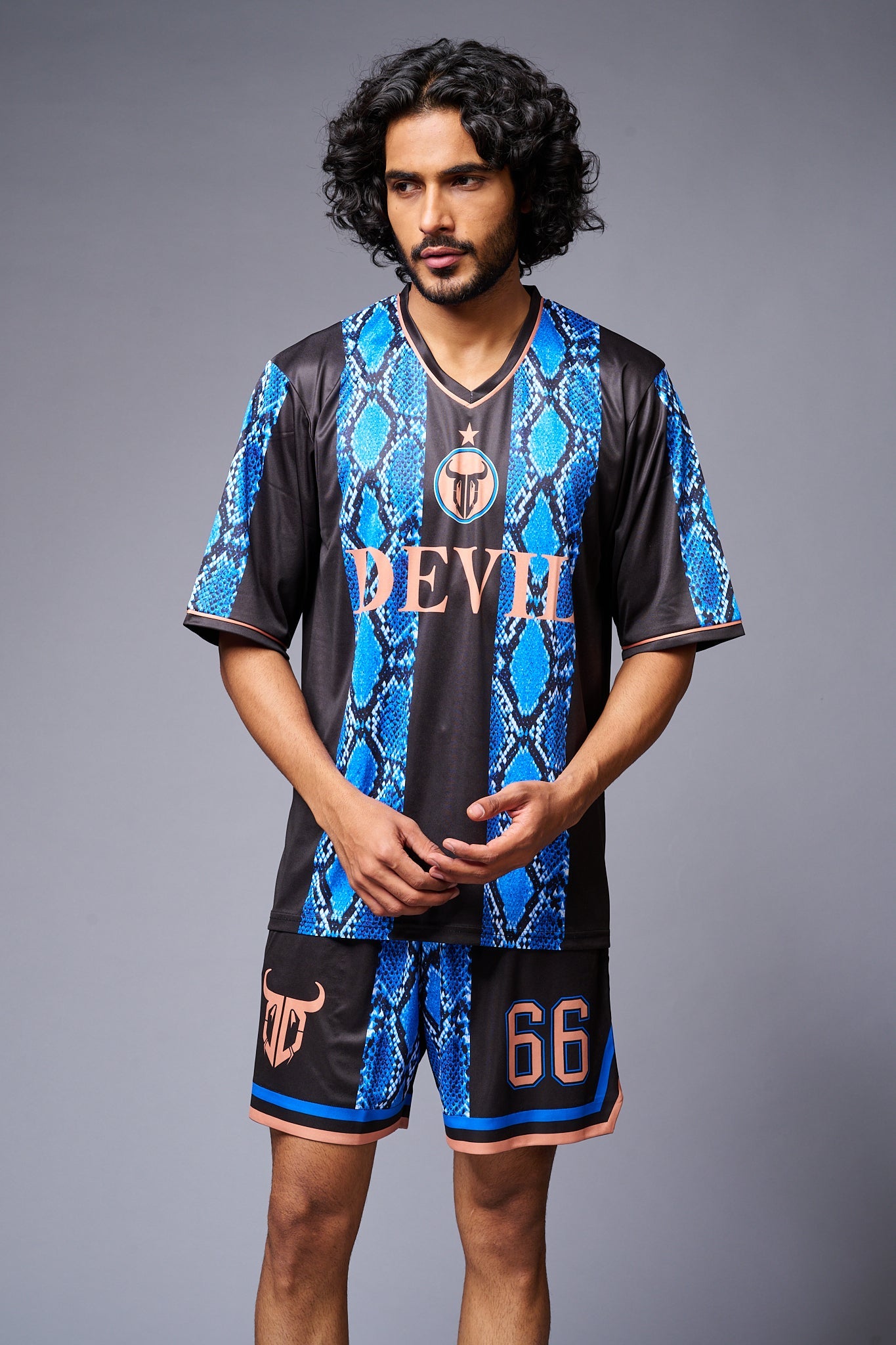 Devil Printed Snake Design Blue & Black Co-ord Set for Men - Go Devil