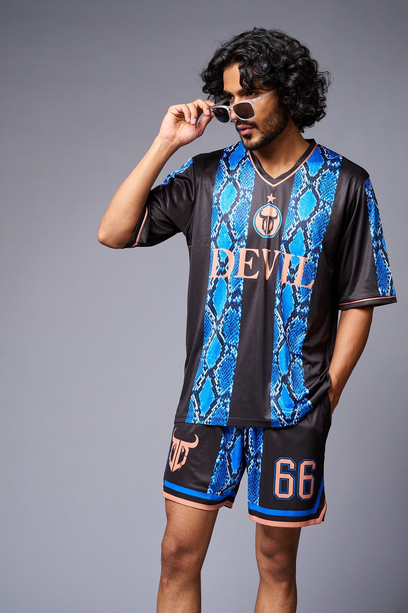 Devil Printed Snake Design Blue & Black Co-ord Set for Men - Go Devil