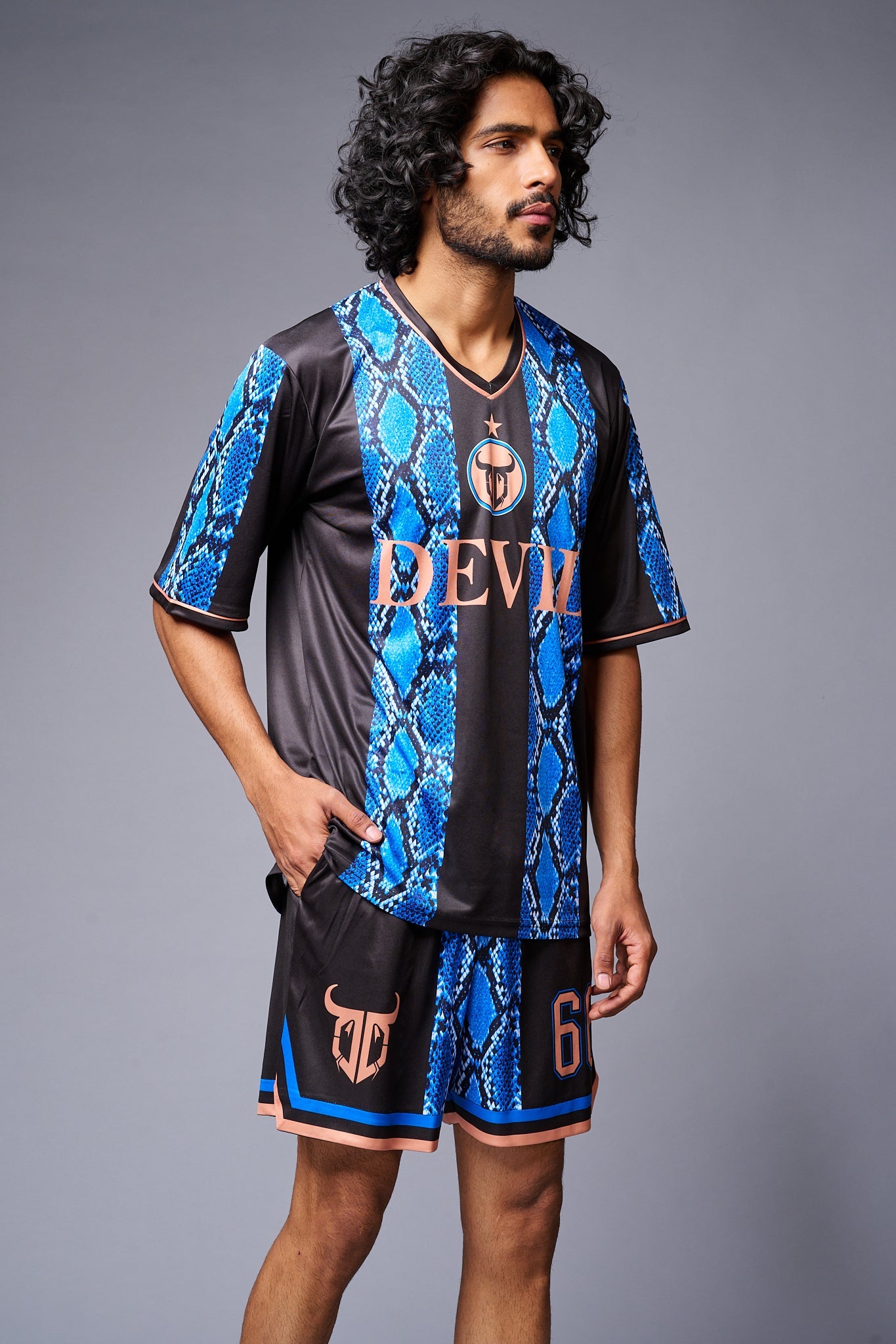 Devil Printed Snake Design Blue & Black Co-ord Set for Men - Go Devil