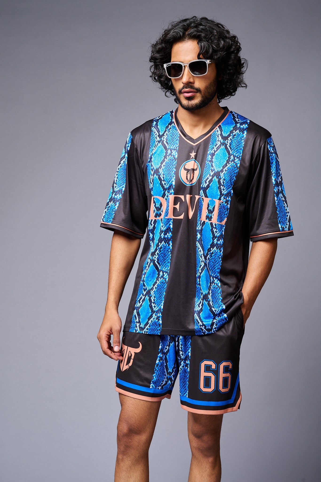 Devil Printed Snake Design Blue & Black Co-ord Set for Men - Go Devil