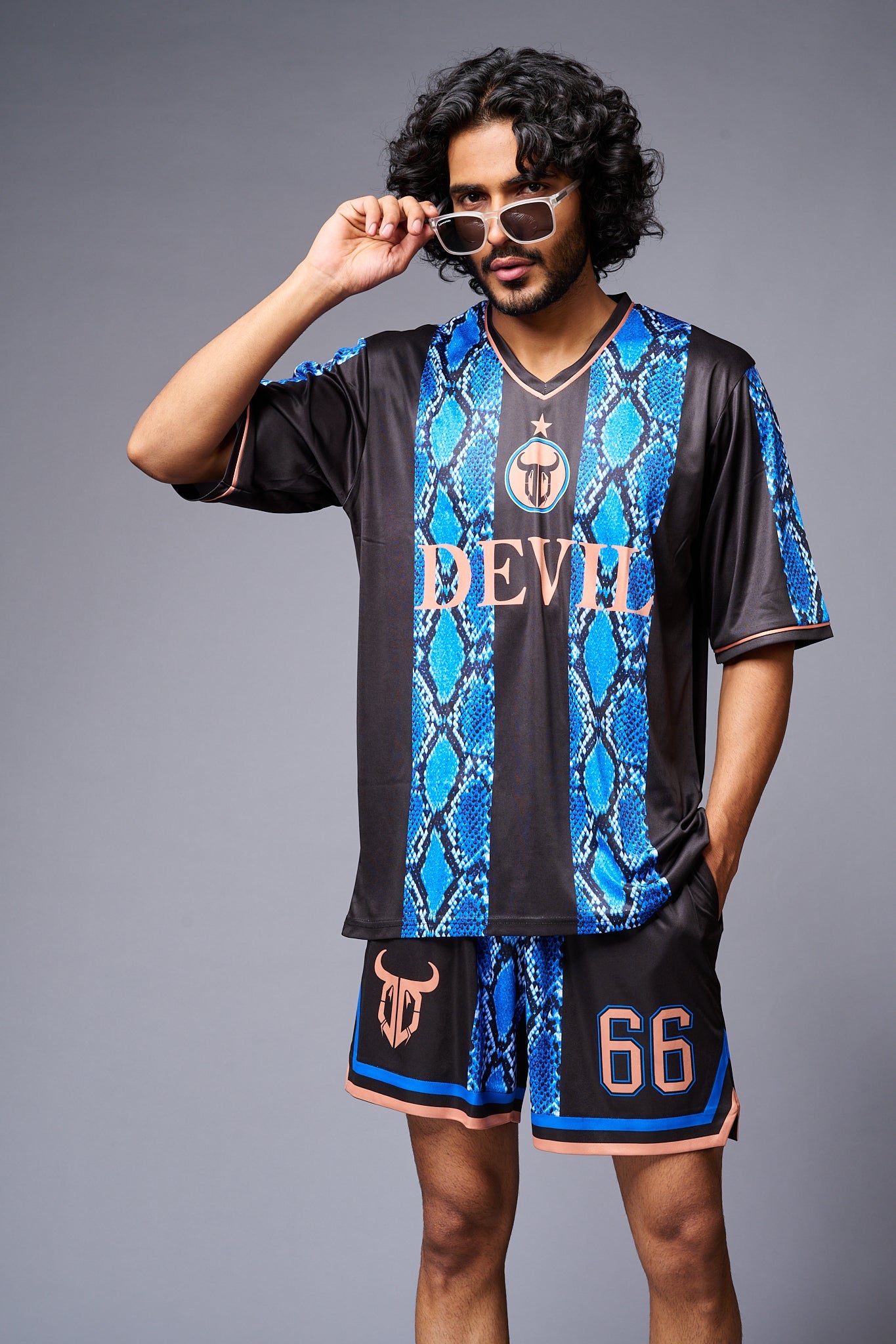 Devil Printed Snake Design Blue & Black Co-ord Set for Men - Go Devil