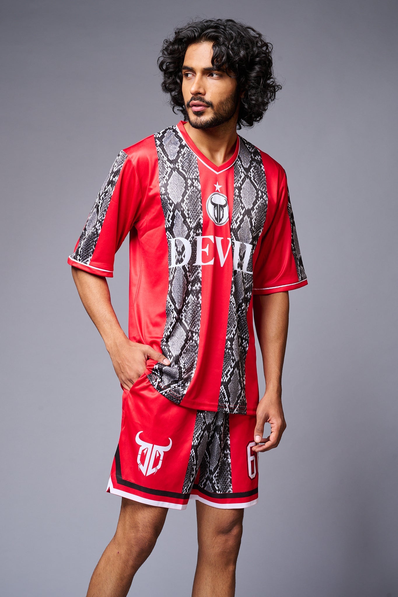 Devil Printed Snake Design Red & Black Co-ord Set for Men - Go Devil