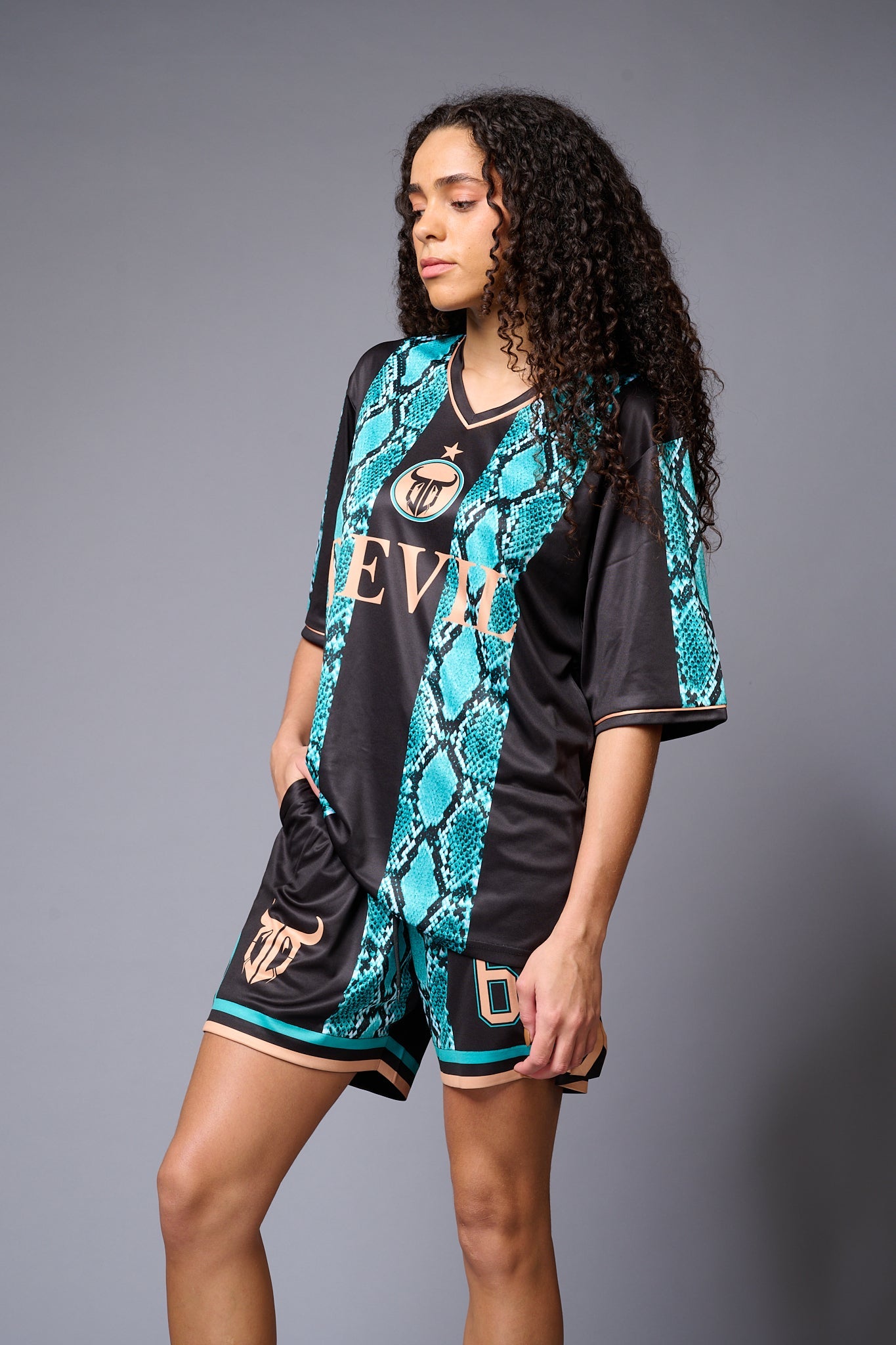 Devil (with logo) Green Black Snake Print Co-ord Set for Women L